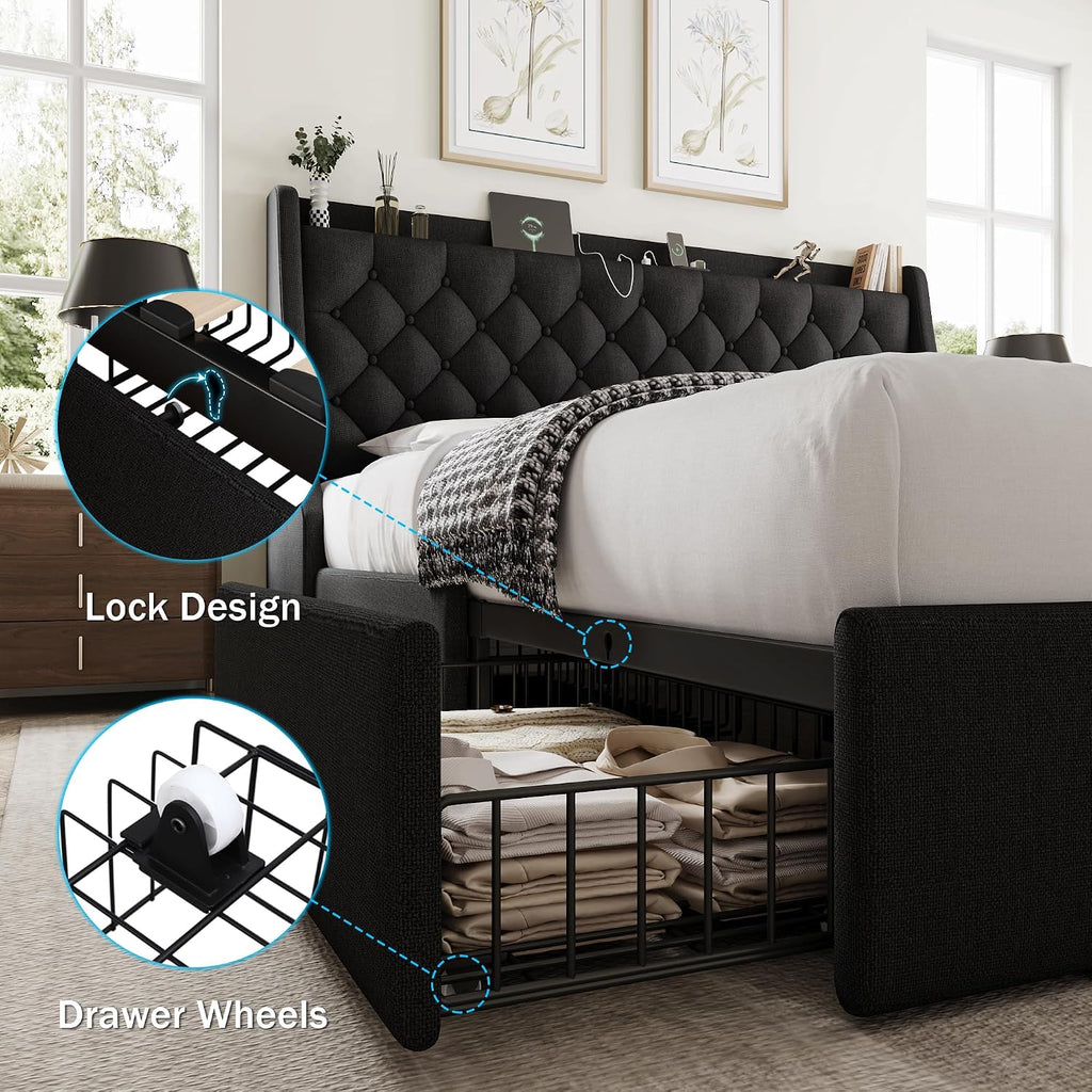 GalnFu King Size Bed Frame with 4 Storage Drawers, Giant Upholstered Wingback Headboard, Fast Charging Station, No Box Spring Needed, Noise-Free, Black