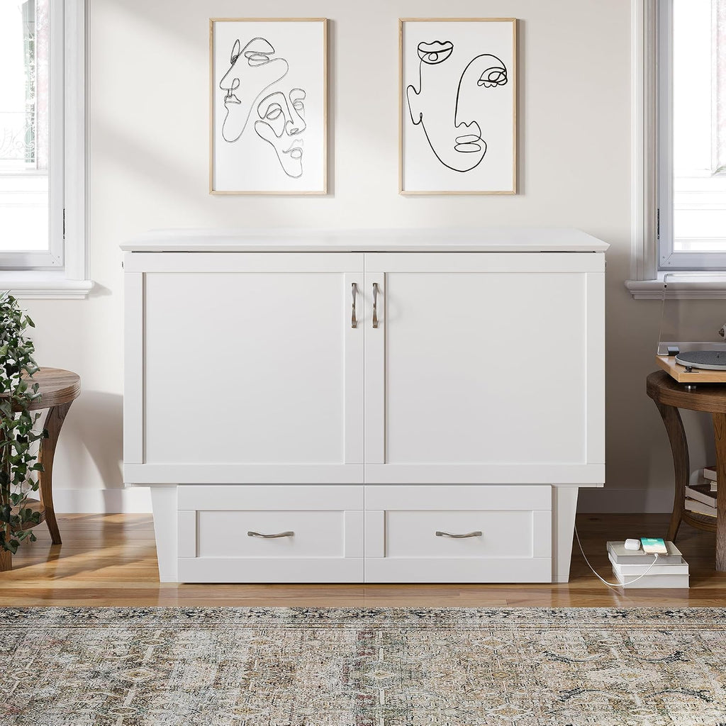 AFI, Monroe Full Murphy Bed Chest with 6' Mattress, Storage Drawer & Built-in USB Charger, White