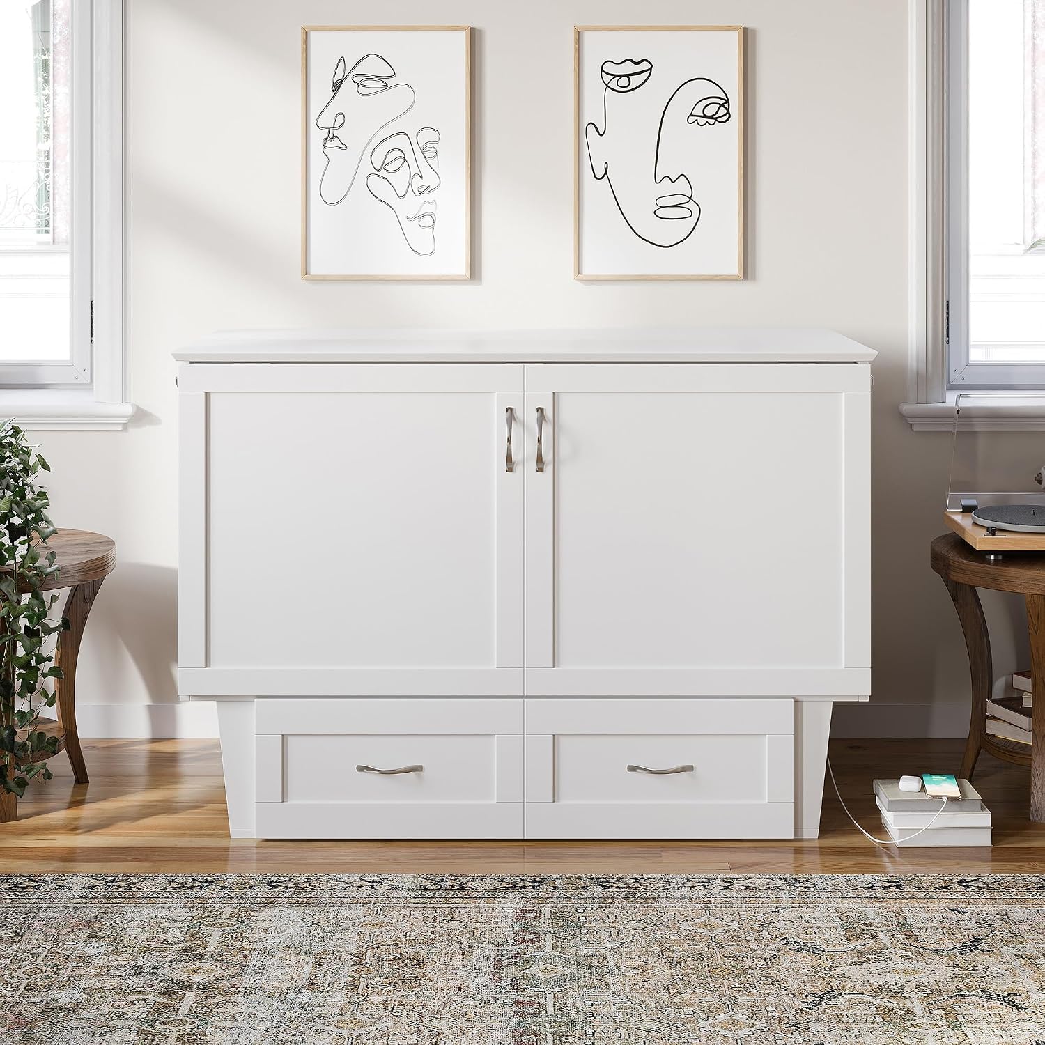 AFI, Monroe Full Murphy Bed Chest with 6' Mattress, Storage Drawer & Built-in USB Charger, White