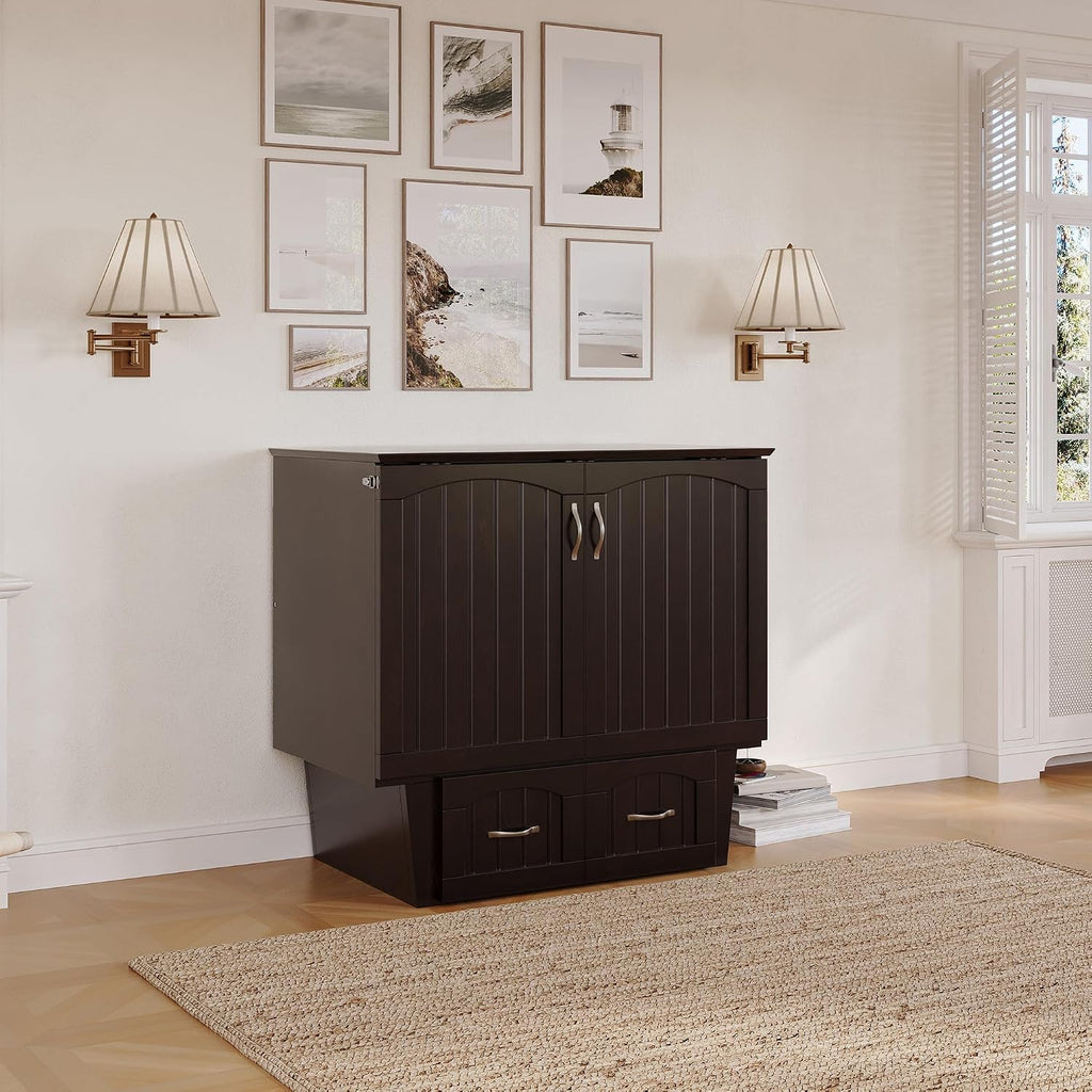 AFI, Nantucket Twin Murphy Bed Chest with Mattress, Storage Drawer and Built-In USB Charger, Espresso