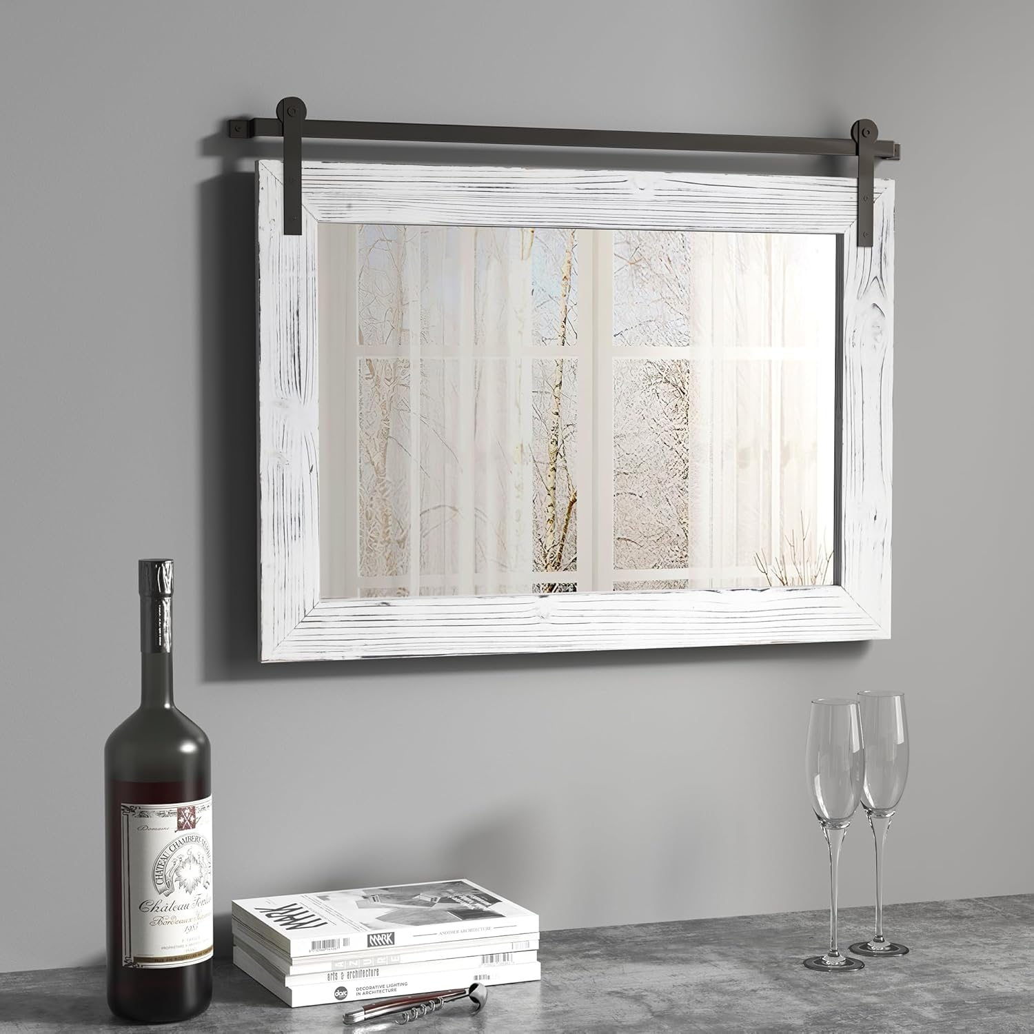 COGOOD Farmhouse Barn Door Mirror - 28' x 20' Rustic Wood Framed Wall Mirror for Bathroom, Living Room, Entryway Wall Decor (White)