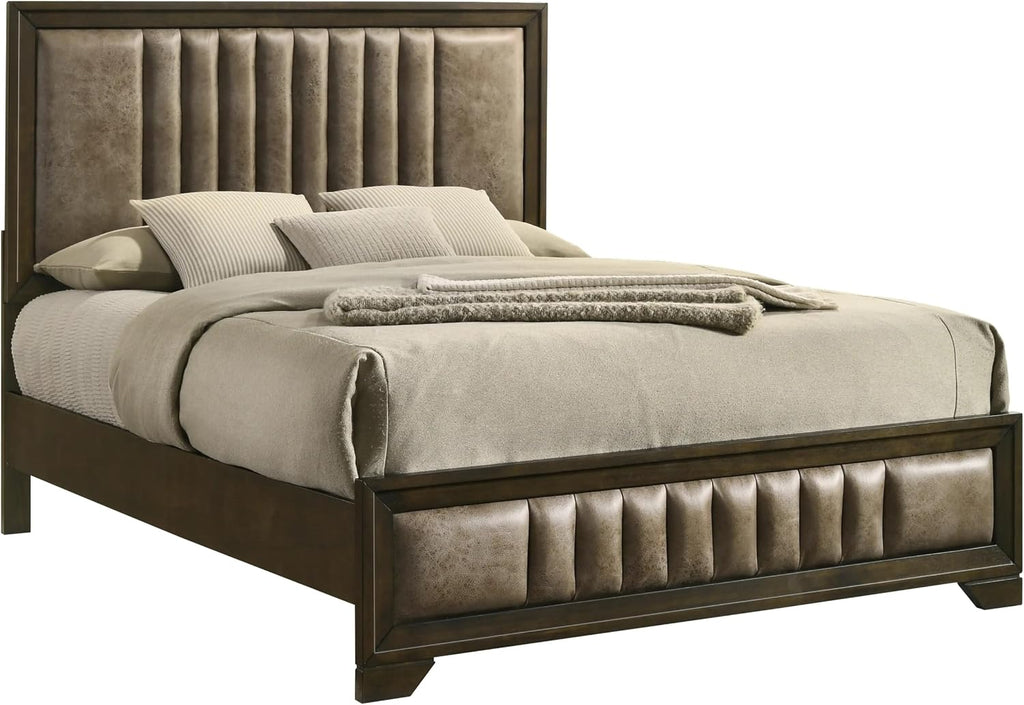 KB Designs – 5-Piece Contemporary Bedroom Set with King or Queen Size Upholstered Bed, Dresser, Mirror, Chest and Nightstand, Channel Tufted Headboard and Footboard Design, Walnut Finish