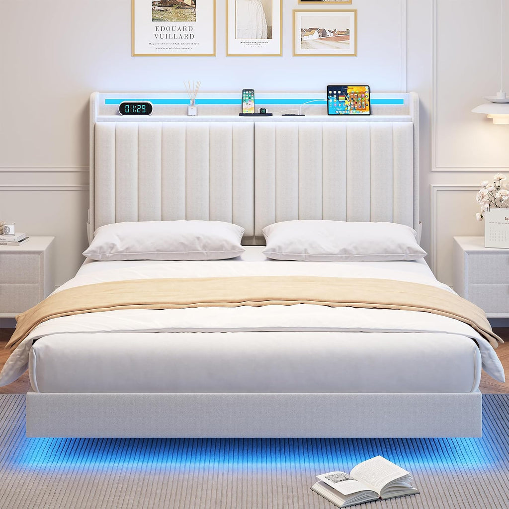 Jocoevol Full Size Floating Bed Frame with Ergonomic Hidden Storage Headboard and LED Lights, Visual Floating LED Bed Frame with Charing Station, Velvet Upholstered Platform Bed, Heavy Duty, White