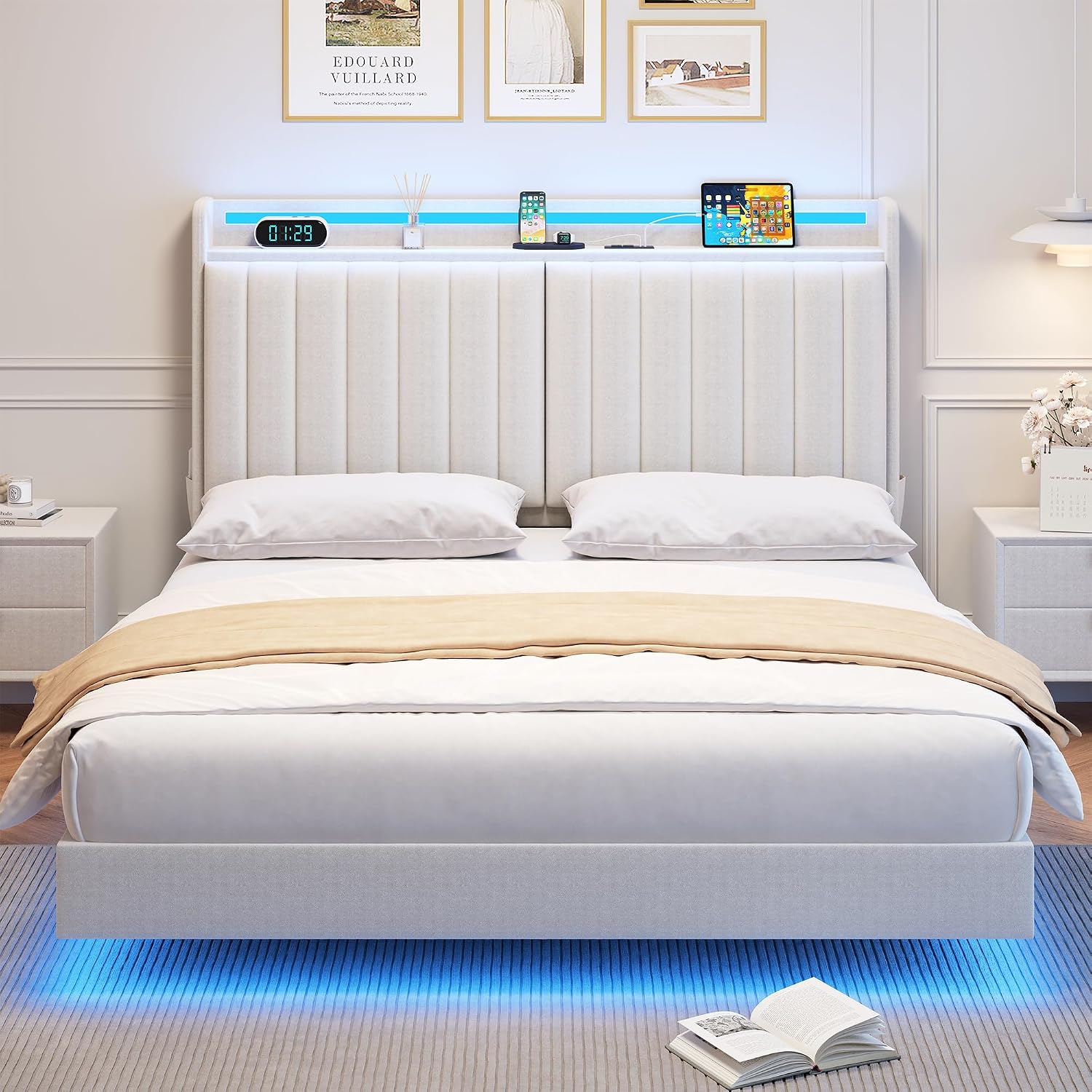 Jocoevol Full Size Floating Bed Frame with Ergonomic Hidden Storage Headboard and LED Lights, Visual Floating LED Bed Frame with Charing Station, Velvet Upholstered Platform Bed, Heavy Duty, White