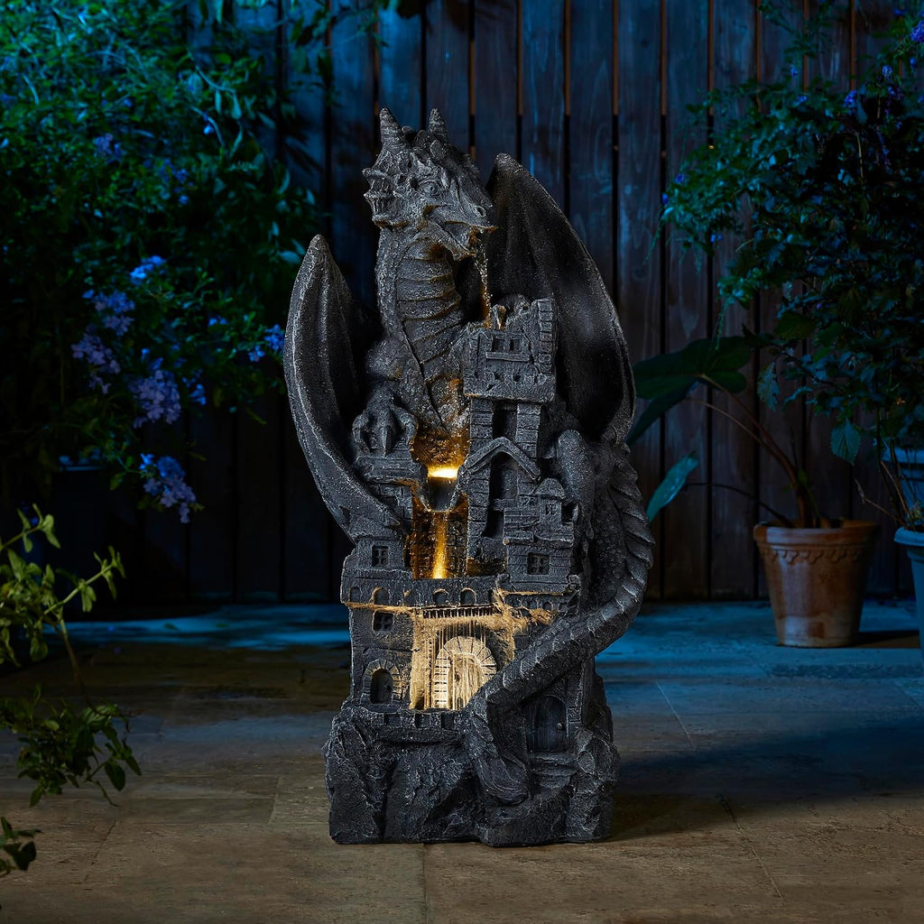 Glitzhome 4-Tiered Cascading Outdoor Water Fountain for Garden Patio Yard Mystical Gothic Dragon Water Fountains Outdoor with LED Lights & Pump, Large Floor Stand Fountain Dragon Waterfalls 36.5' H