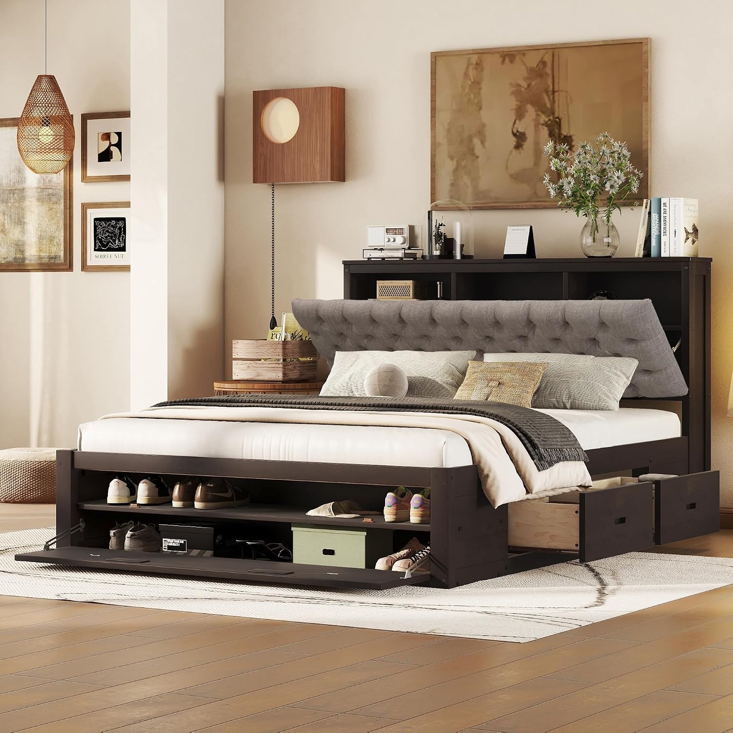 Harper & Bright Designs Queen Size Bed with Storage Upholstery Headboard, Shoe Rack and 4 Drawers, Wood Platform Bed Frame for Kids Teens Adults (Espresso)