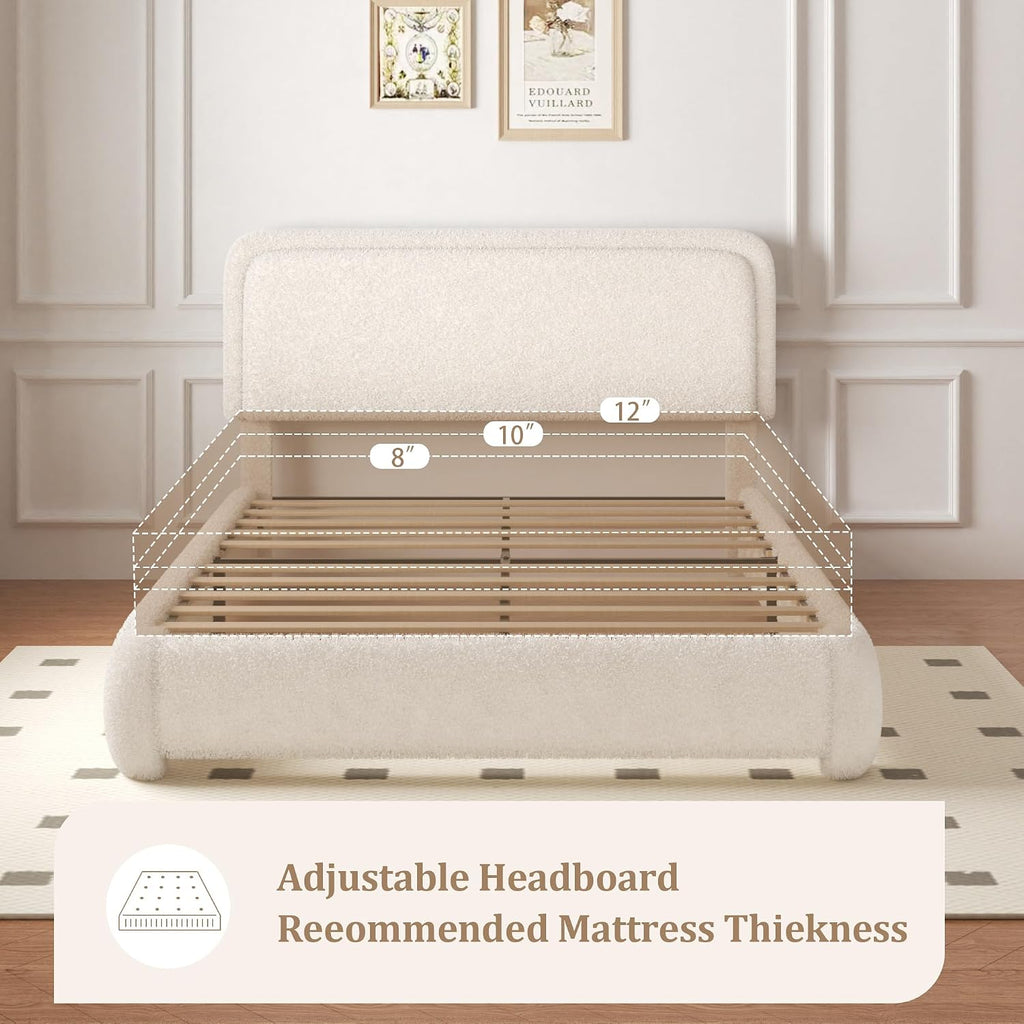 Full Size Boucle Bed Frame with Adjustable Headboard, Upholstered Cloud Platform Bed, Anti-Collision Soft Rounded Corners, No Box Spring Needed, Easy Assembly, Noise Free, Beige