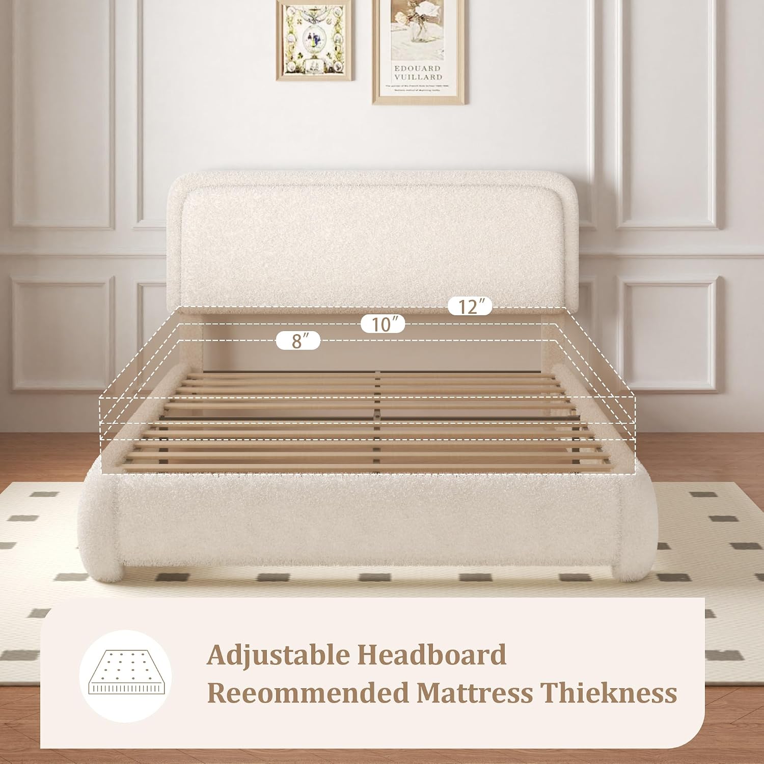 Full Size Boucle Bed Frame with Adjustable Headboard, Upholstered Cloud Platform Bed, Anti-Collision Soft Rounded Corners, No Box Spring Needed, Easy Assembly, Noise Free, Beige
