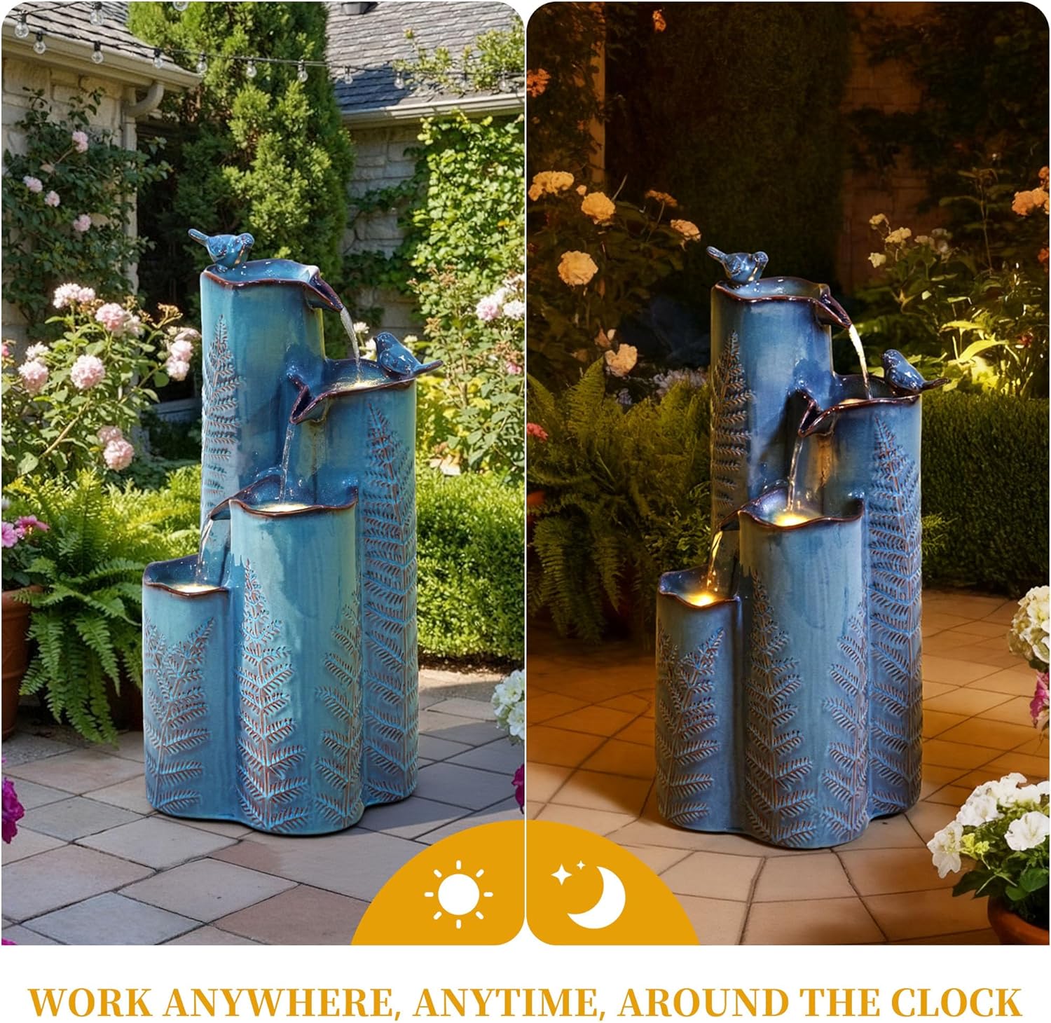 32' Outdoor Water Fountain, Ceramic Outdoor Fountain, Stacked 4-Tier Vase Waterfalls for Garden, Patio, Yard, or Porch Decor, Creating Relaxing Serene Oasis, Embossed Leaf Pattern, Turquoise