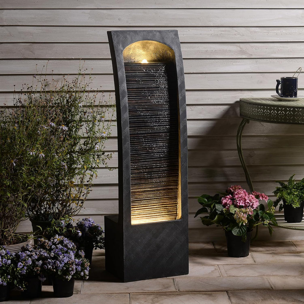 Bumilgar Indoor Water Fountain Curved Faux Slate Outdoor Waterfall Fountains Floor Standing Tiered Rock with LED Lights and Pump for Garden, Backyard, Deck, Patio, Porch and Home Art Decor