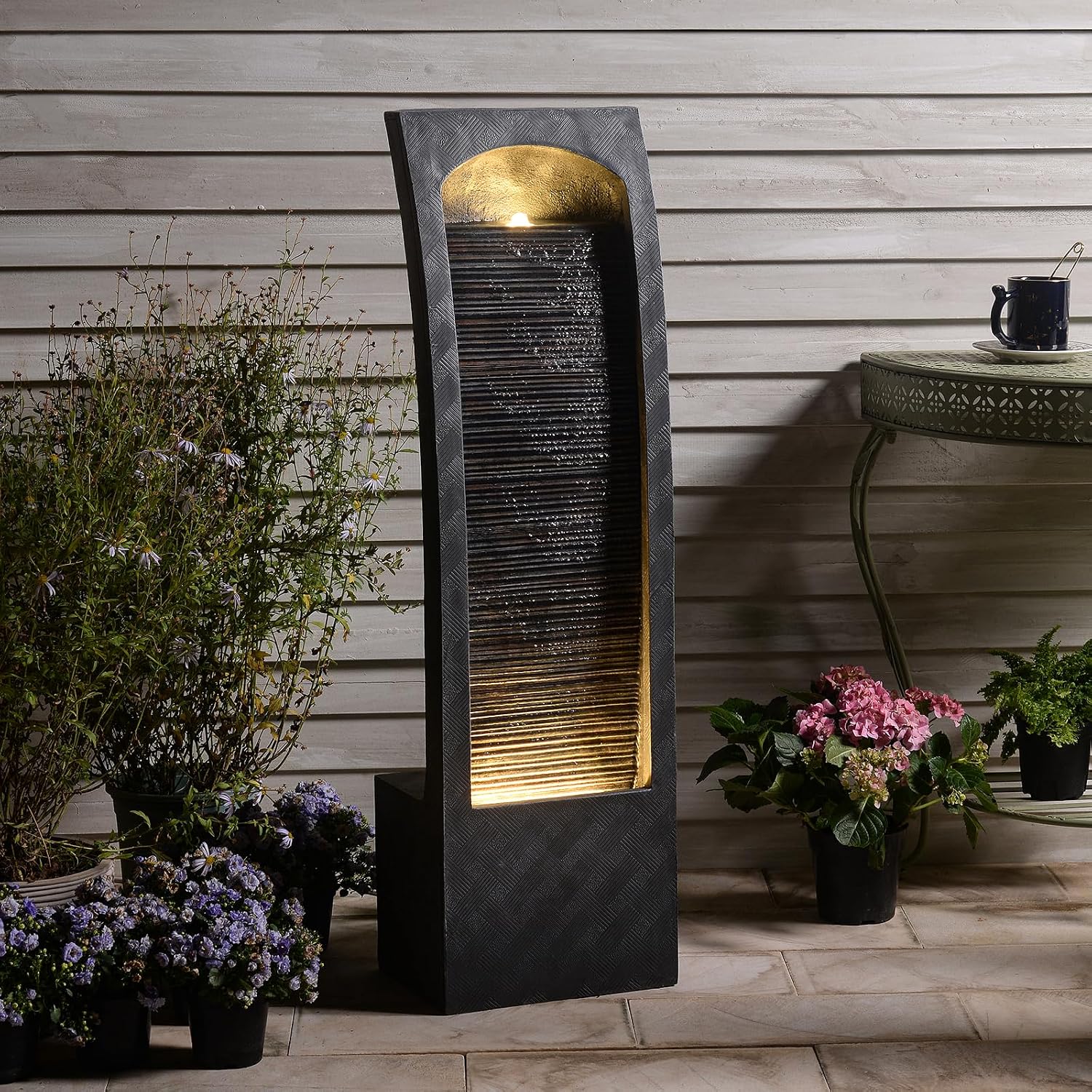 Bumilgar Indoor Water Fountain Curved Faux Slate Outdoor Waterfall Fountains Floor Standing Tiered Rock with LED Lights and Pump for Garden, Backyard, Deck, Patio, Porch and Home Art Decor