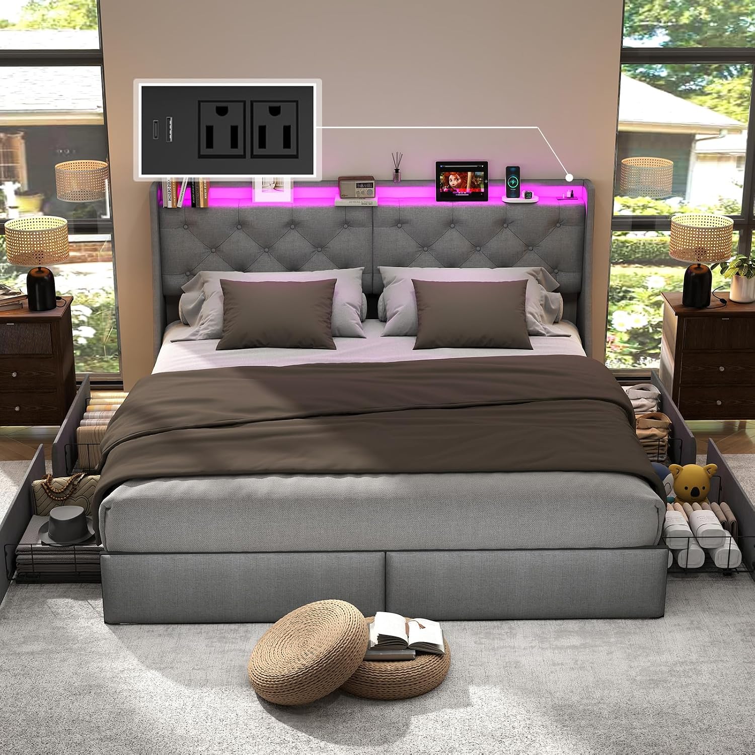 King Size Bed Frame with LED Lights and Charging Station, Upholstered Platform Bed with Storage Headboard and 4 Drawers, Metal Slat Support, Noise-Free, No Box Spring Needed, Easy Assembly, Gray