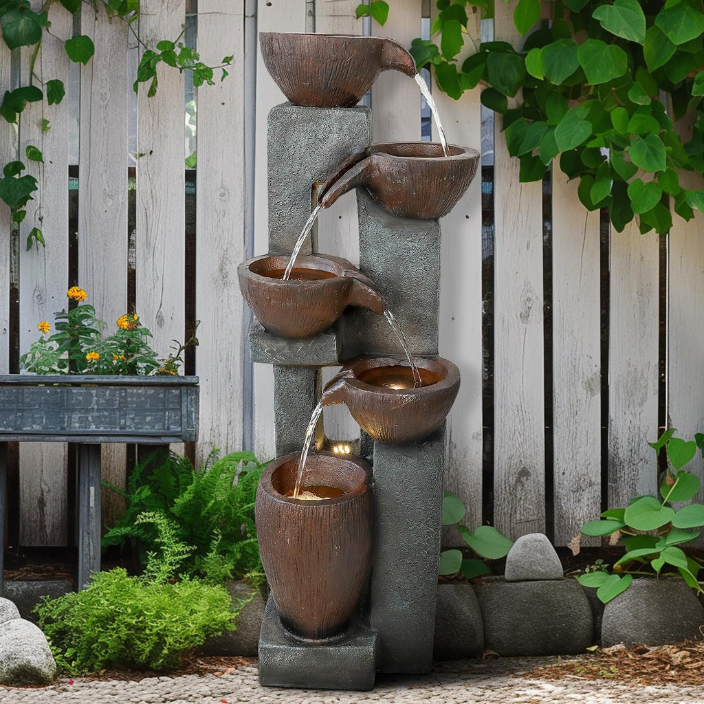 Naturefalls 39' H Modern Outdoor Fountain - 5 Crocks Outdoor Garden Fountains with Contemporary Design&LED Light for Garden, Patio, Deck, Porch, Backyard and Home Art Decor