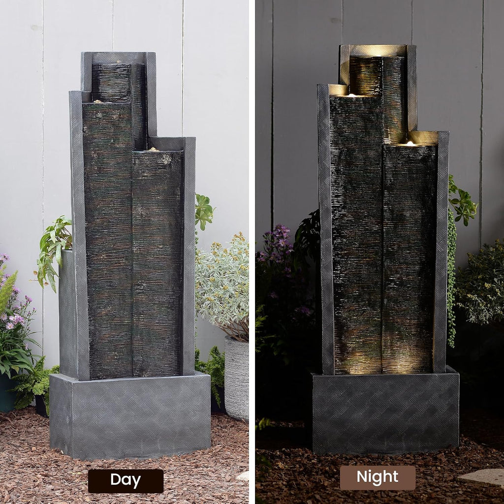 49.6' H Garden Fountains Outdoor Modern Cascading Indoor Water Fountain Tall Floor - Standing Fountain with Lights for Garden, Patio, Yard, Deck and Home Art Decor