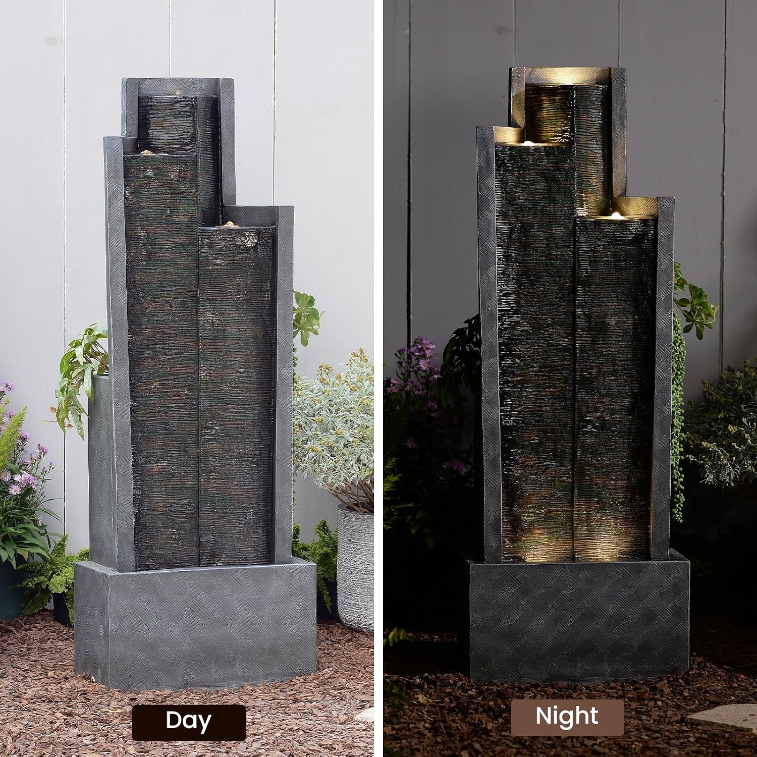49.6' H Garden Fountains Outdoor Modern Cascading Indoor Water Fountain Tall Floor - Standing Fountain with Lights for Garden, Patio, Yard, Deck and Home Art Decor