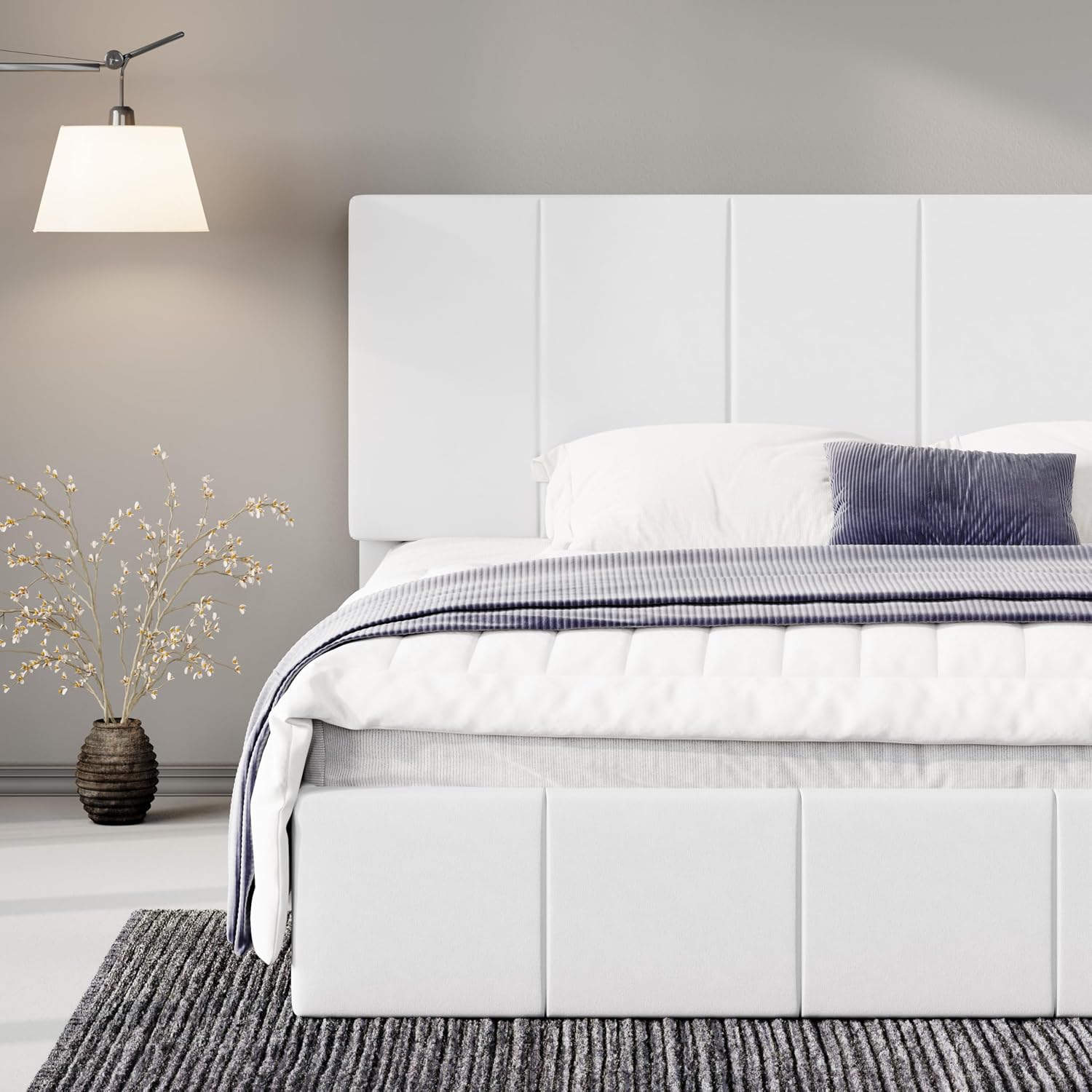 Allewie King Size Dutch Velvet Upholstered Platform Bed Frame/Vertical Channel Tufted Adjustable Headboard/Low Profile Bed Frame/No Box Spring Needed/Easy Assembly/White
