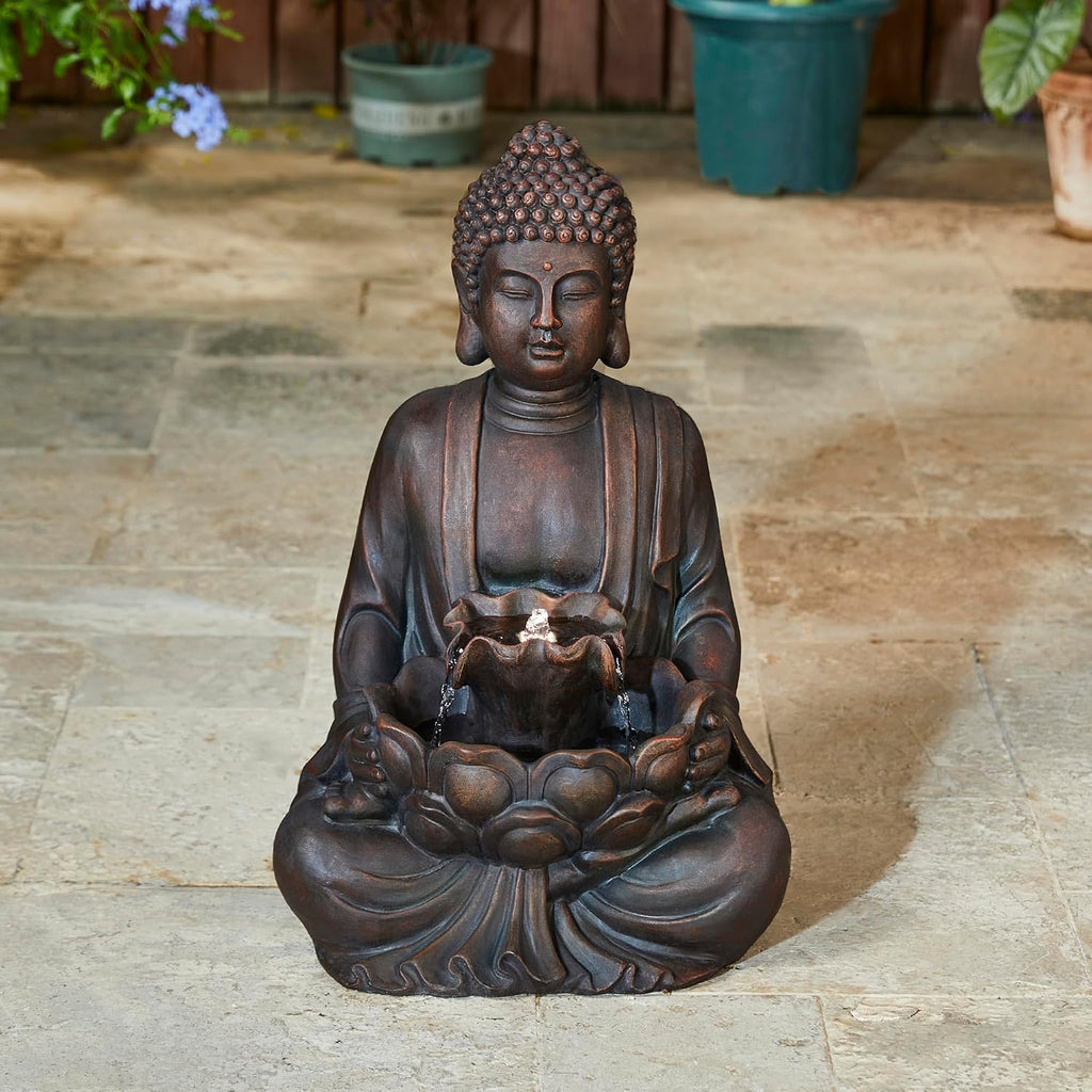 Glitzhome 24' H Zen Style Meditating Buddha Water Fountain Statue with Pump and LED Light, 2 Tier Waterfalls Resin Indoor Outdoor Floor Fountain for Garden Patio Backyard Decking