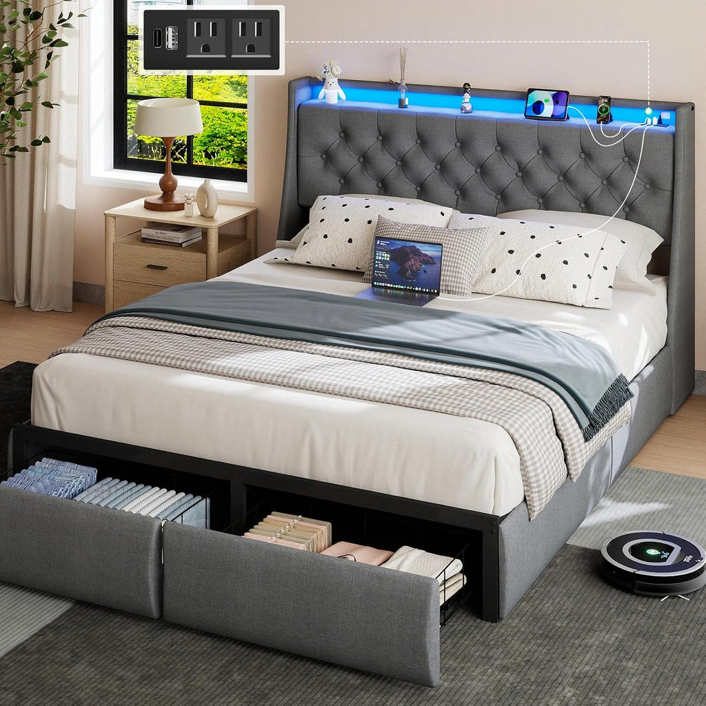 SADENICEL Queen Bed Frame with Storage Headboard and 2 Drawer, Metal Queen Size Bed Frame Platform with LED Light, Charging Station, No Box Spring Needed, Noise Free, Easy Assembly, Grey