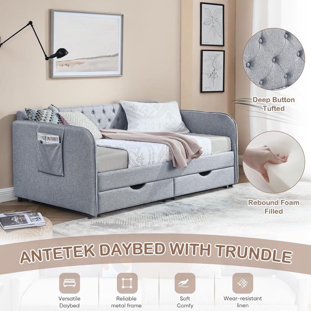 Antetek 80.5' Daybed with Drawer, Modern Button Tufted Linen Day Bed with Trundle Bed Twin to King, Upholstered Daybed Frame w/Storage Pocket for Bedroom, Living Room, No Box Spring Needed, Grey