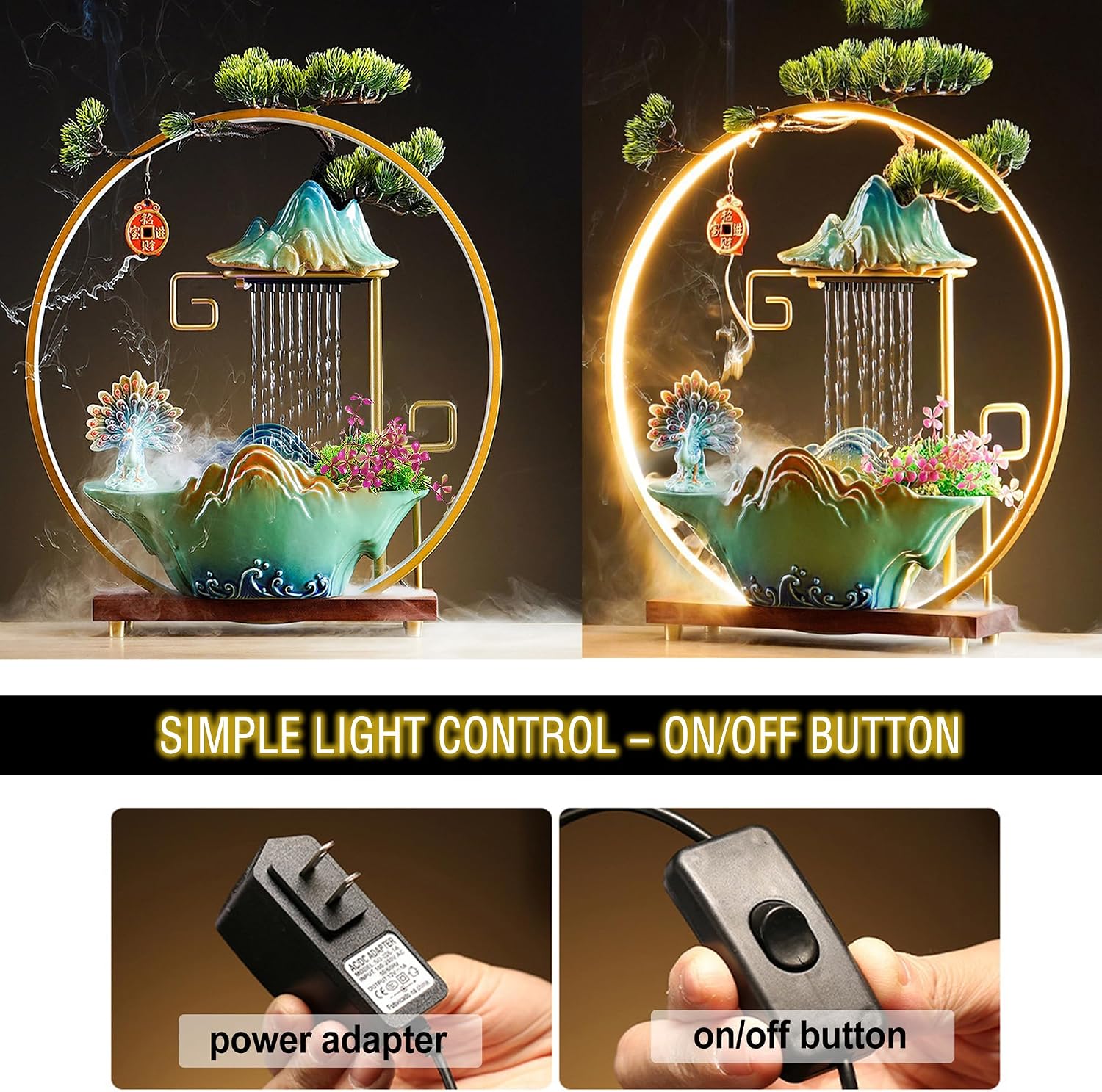 Tabletop Water Fountains Indoor Waterfall Desktop Fountain for Meditation with Mist Japanese Fountain with Fake Plants Feng Shui Office Home Decor for Good Luck Wealth (Peacock)