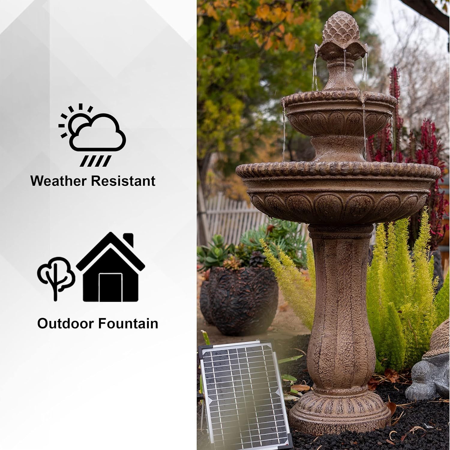 XBrand 39' Solar Water Fountain, 2-Tier Outdoor Sand Stone Resin with Solar Panel & Pump for Home Garden Yard Decor