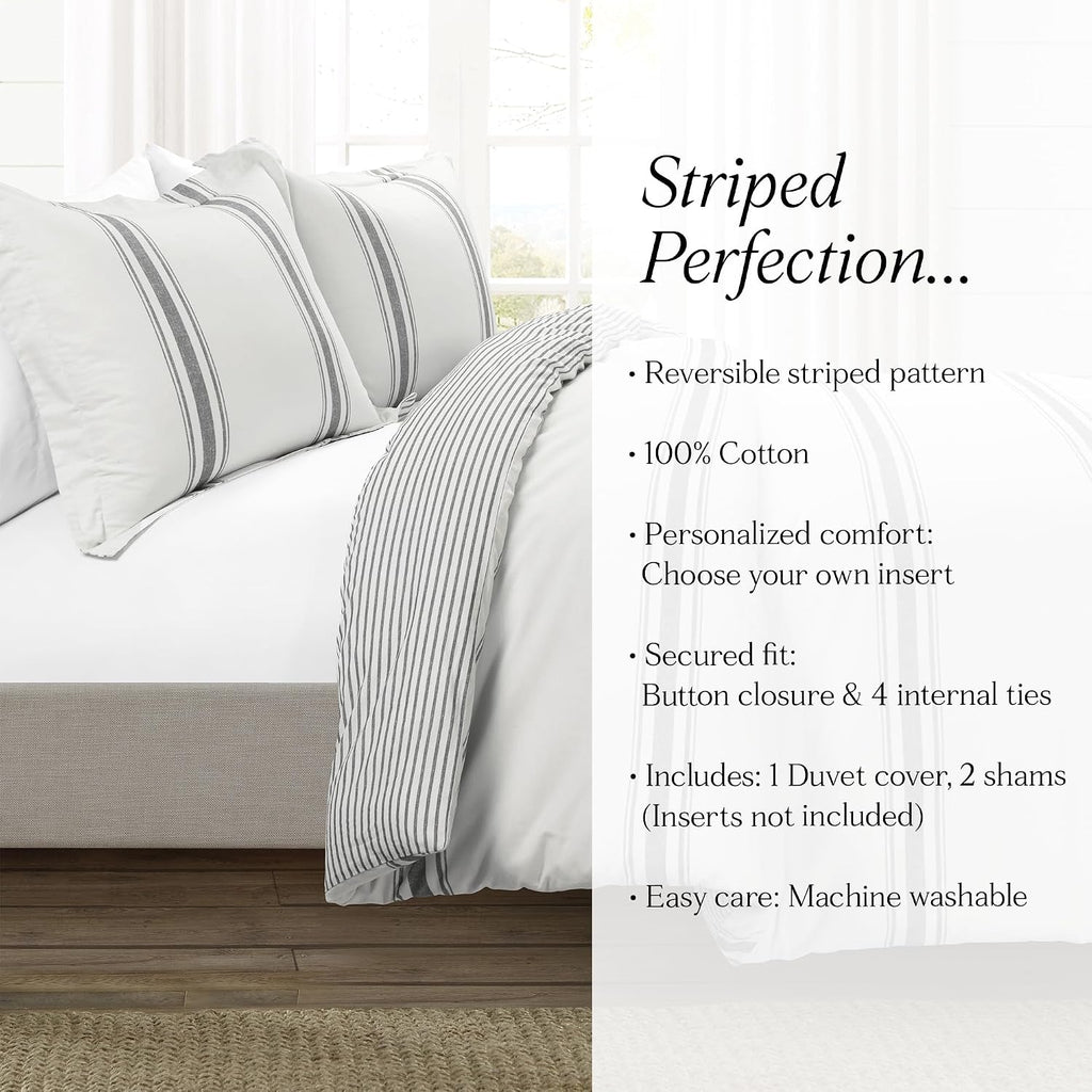 Lush Decor Farmhouse Stripe Reversible Cotton Duvet Cover Set 3 Piece Set, King Dark Gray - Bedding Set - Striped Duvet Cover King Size - Farmhouse Decor
