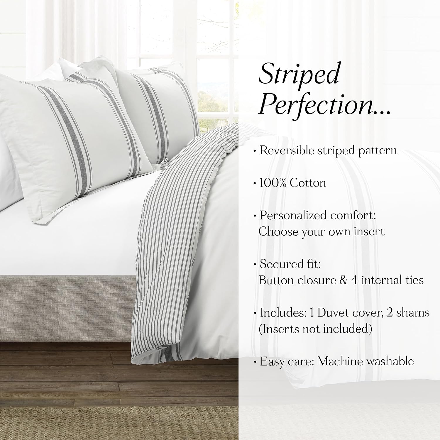 Lush Decor Farmhouse Stripe Reversible Cotton Duvet Cover Set 3 Piece Set, King Dark Gray - Bedding Set - Striped Duvet Cover King Size - Farmhouse Decor