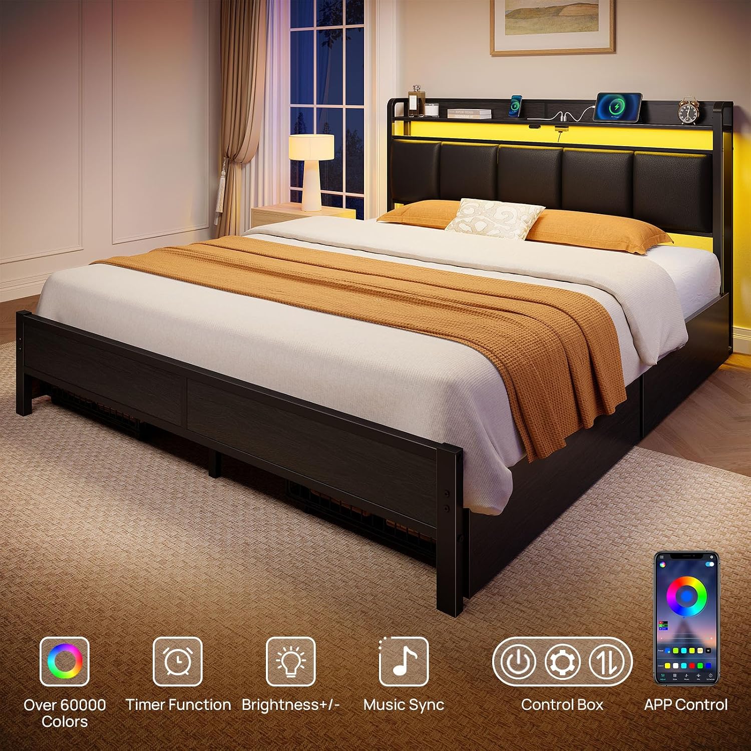 Rolanstar Bed Frame Queen Size with Charging Station and LED Lights, Upholstered Storage Headboard with Drawers, Heavy Duty Metal Slats, No Box Spring Needed, Easy Assembly, Black