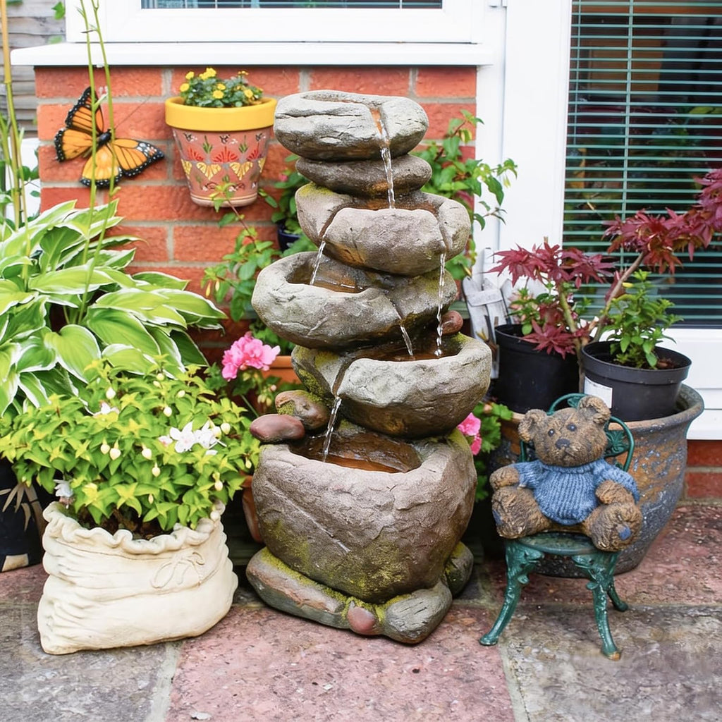 Bumilgar 27.8' H Outdoor Water Fountain with LED Lights, 5-Tier Cascading Stone Waterfall Fountain, Natural Rock Resin Outdoor Water Fountain for Garden Patio Backyard Porch Indoor Decor