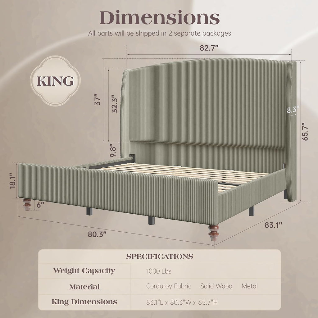 King Size Upholstered Bed Frame with 65.7' Tall Headboard Wingback, Soft Washable Corduroy Beds Cover, Solid Wood Legs, Noise-Free, No Box Spring Needed, Light Gray