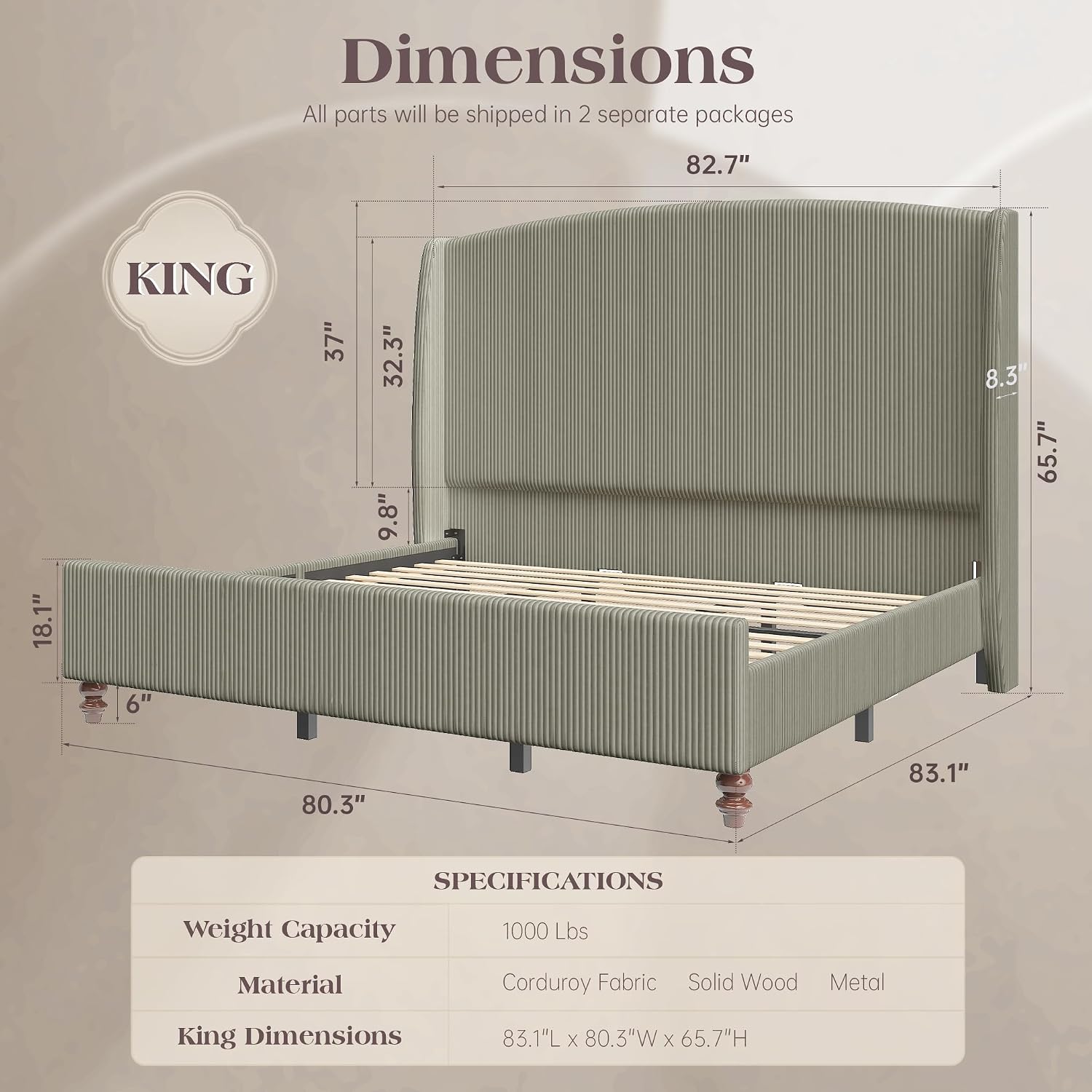 King Size Upholstered Bed Frame with 65.7' Tall Headboard Wingback, Soft Washable Corduroy Beds Cover, Solid Wood Legs, Noise-Free, No Box Spring Needed, Light Gray