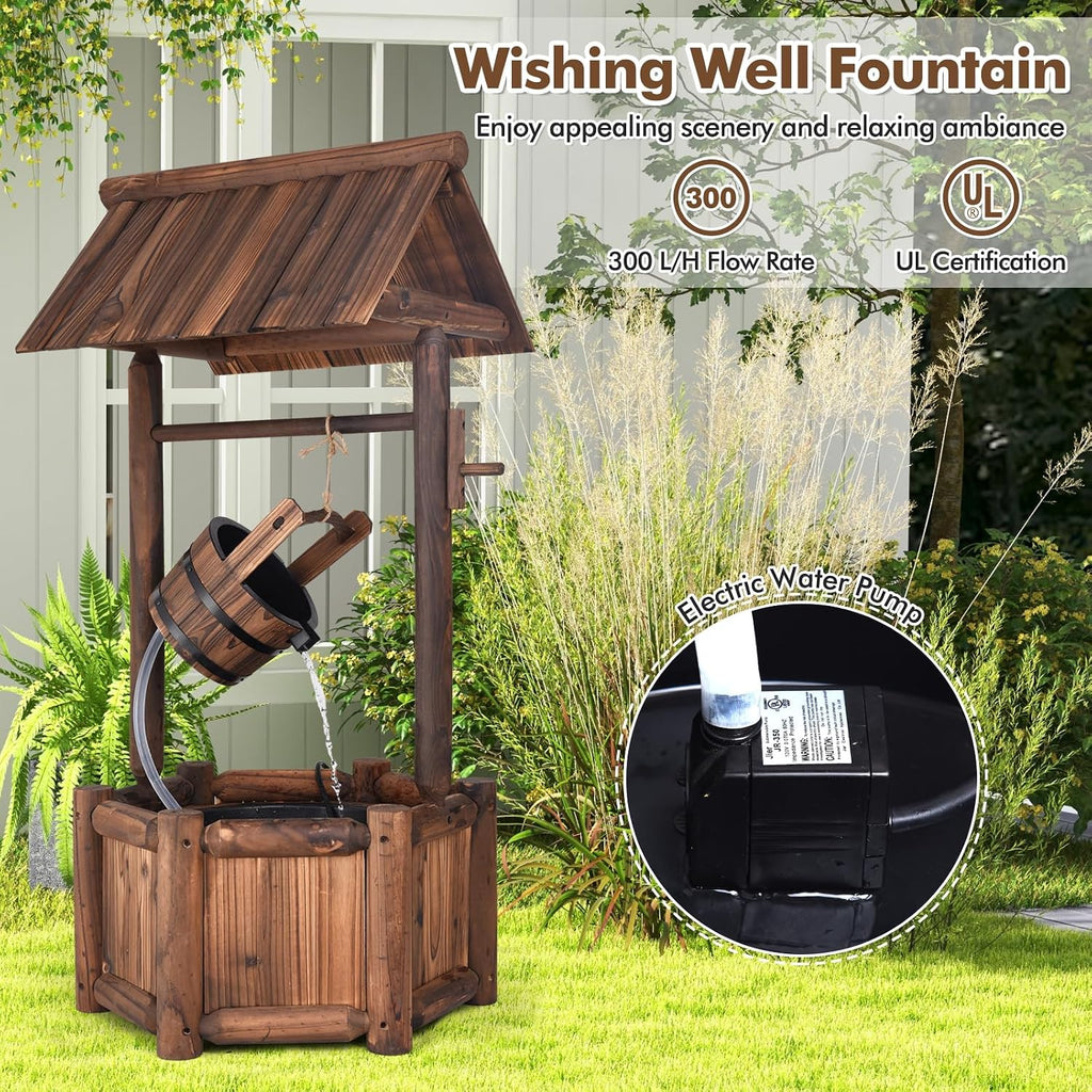 Tangkula Outdoor Wishing Well Water Fountain, Old-Fashioned Wood Waterfall Fountain w/Bucket Pump, Rustic Farmhouse Decoration for Garden, Backyard, 46 Inch Tall (20' x 23' x 46')