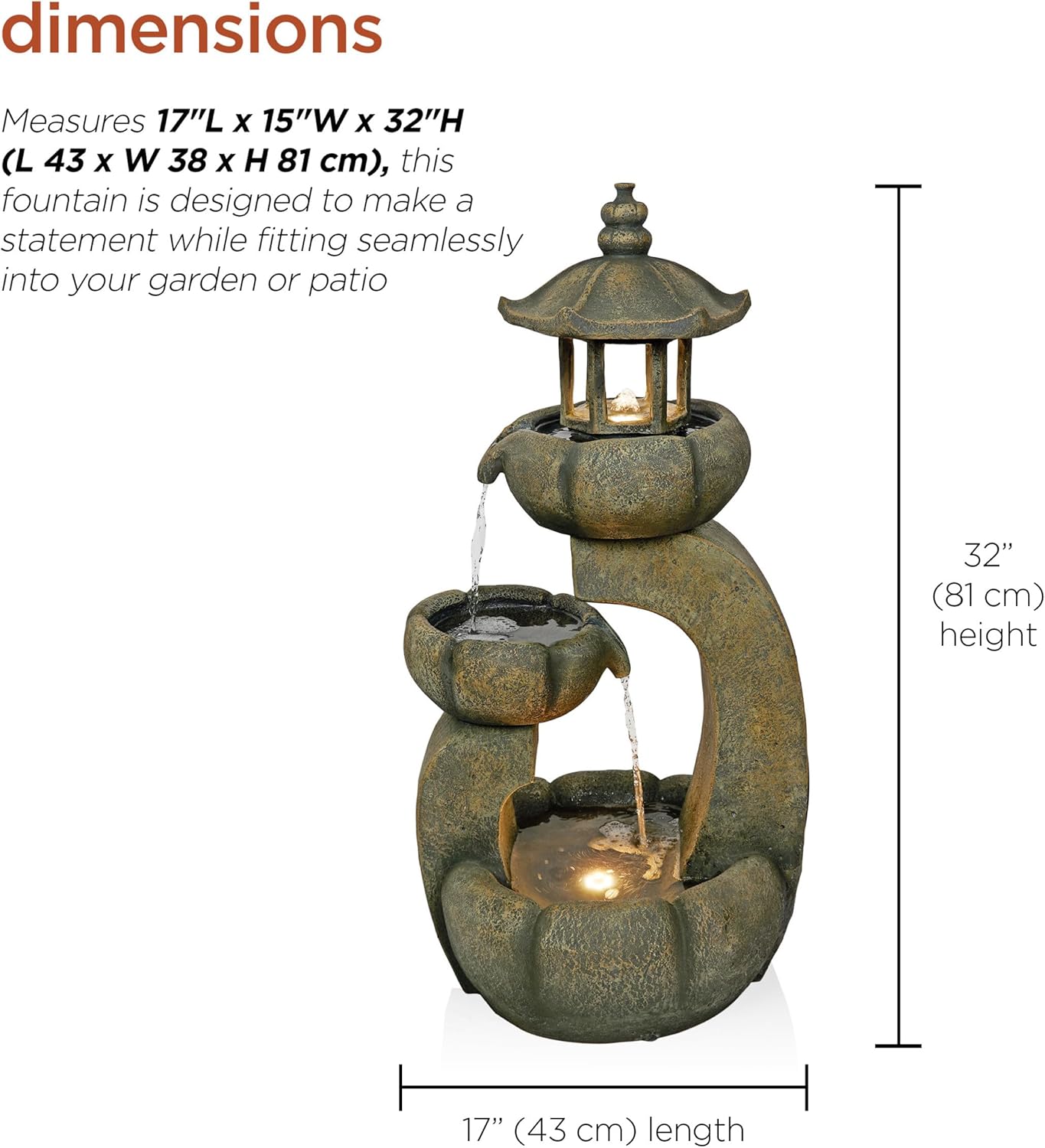 Alpine Corporation 32' Tall 2-Layer Pagoda Polystone Fountain with LED Lights, Cascading Waterfall, Outdoor Garden and Patio Water Feature, Zen Decor, Relaxing Sound, Brown