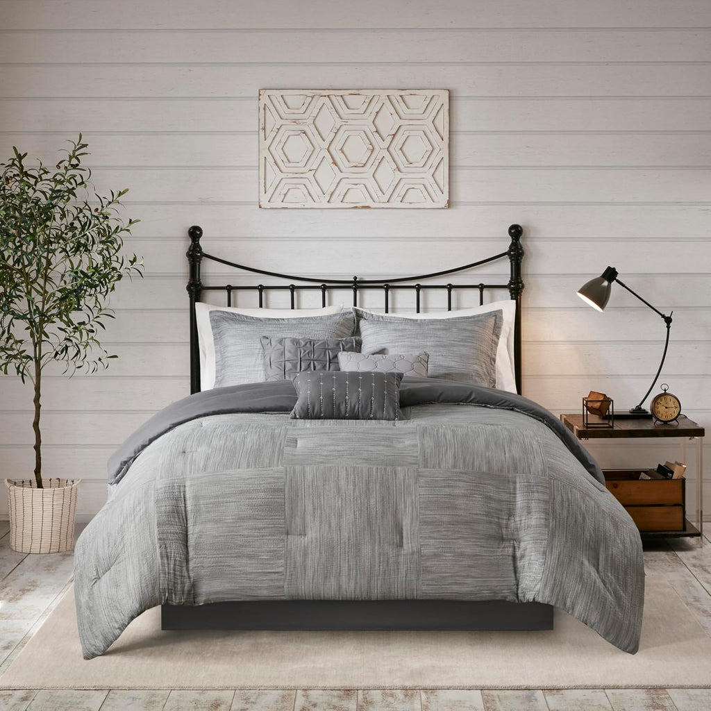 Madison Park Walter Comforter - Luxe Seersucker Print Design, All Season Down Alternative Bedding, Matching Shams, Bedskirt, Decorative Pillows, Grey King(104'x92') 7 Piece