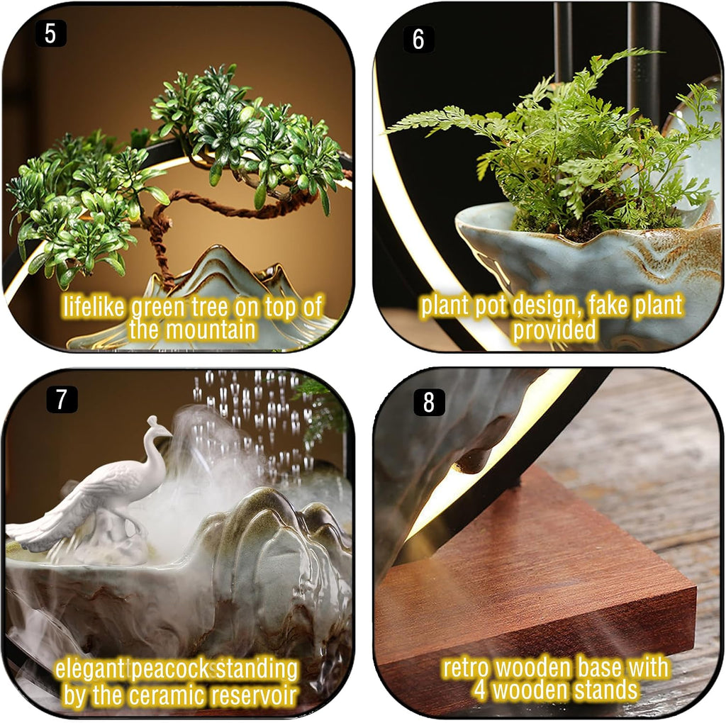 Ceramic Maitreya Buddha Incense Burner, Waterfall Lotus LED Light Ring Backflow Aromatherapy Ornament, with Incense Cones for Home Office Decor for Relaxation Yoga Gift (Peacock)