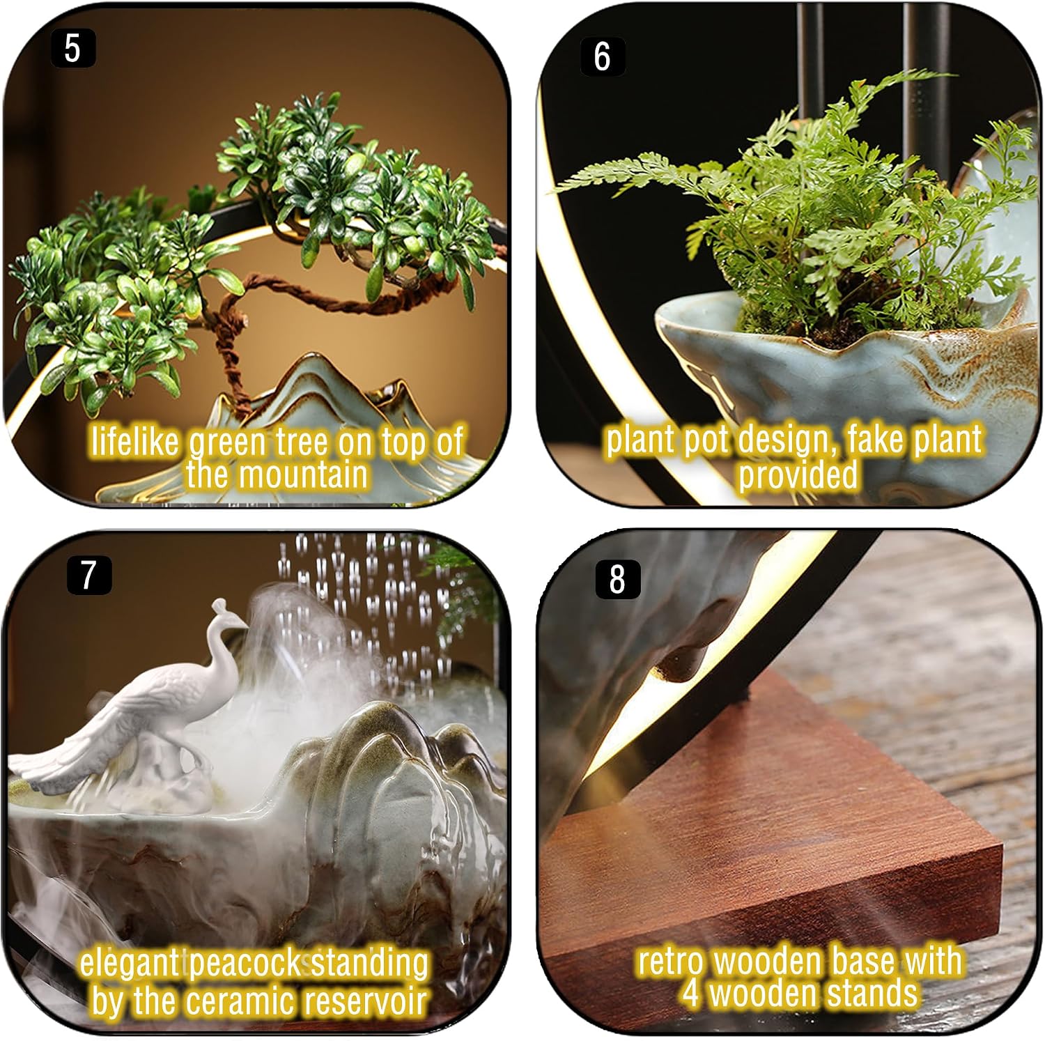 Ceramic Maitreya Buddha Incense Burner, Waterfall Lotus LED Light Ring Backflow Aromatherapy Ornament, with Incense Cones for Home Office Decor for Relaxation Yoga Gift (Peacock)