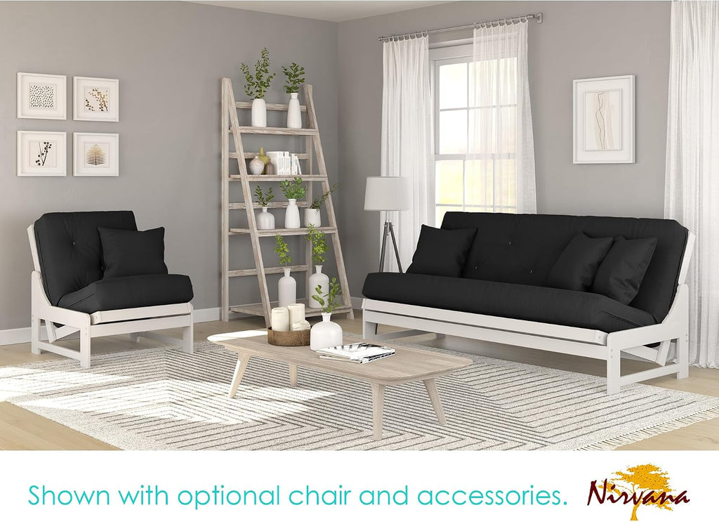 Nirvana Futons Arden White Futon Set Queen Size - Armless Futon Frame with Mattress Included (Twill Black), Space Saving Modern Sofa Bed Sleeper
