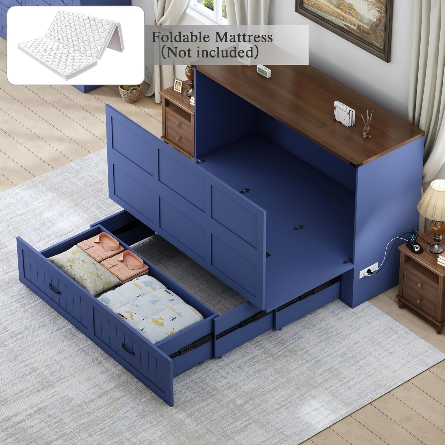 Queen Size Murphy Bed with Charging Station and Large Drawer, Farmhouse Cabinet Bed with Storage, Multifunctional Wood Hidden Folding Bed Frame for Bedroom, Blue