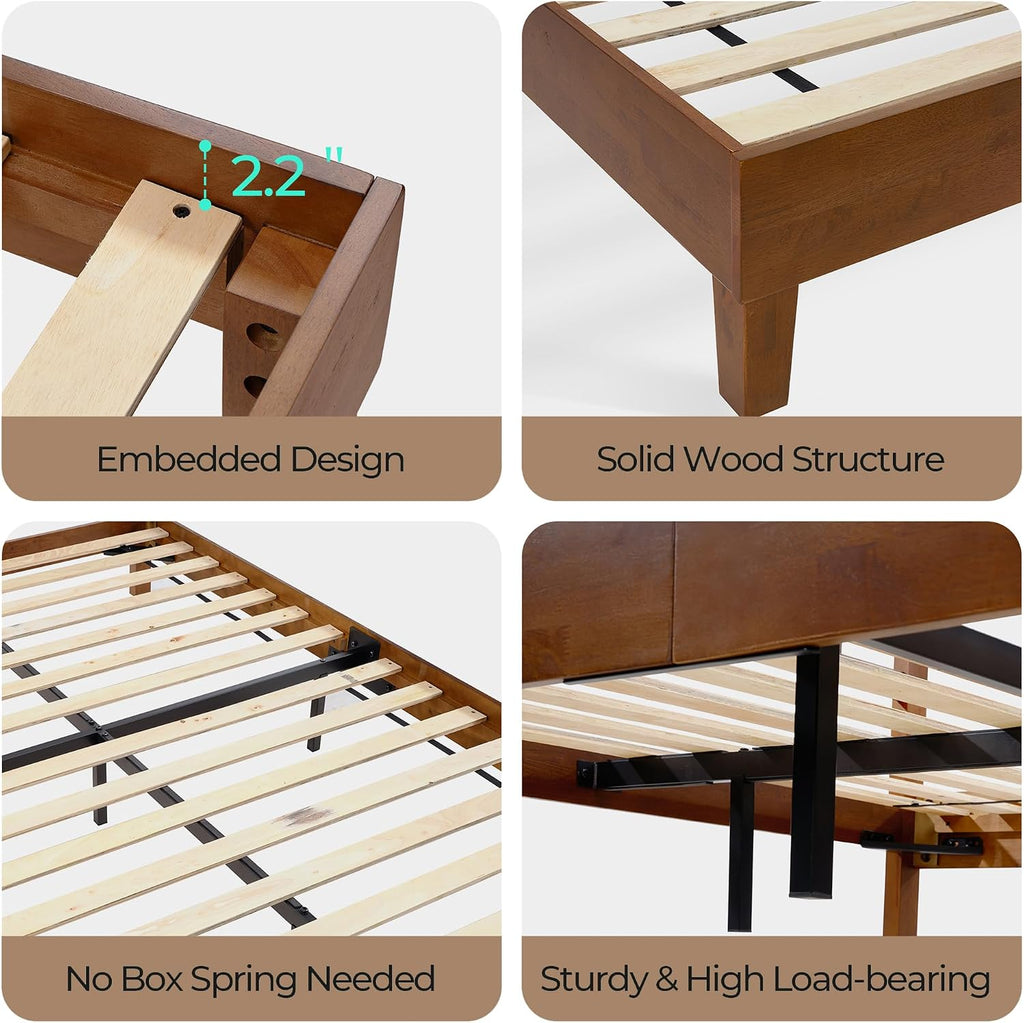 LINSY Wood Full Size Bed Frame, Solid Wood Platform Bed Frame Full with headboard, Wooden Bed with Wood Slat Support, No Box Spring Needed, Walnut