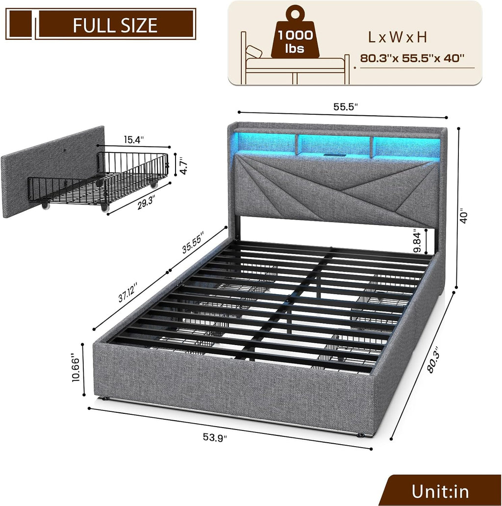 Driftalia LED Full Size Bed Frame with 4 Storage Drawers, Upholstered Full Bed Frame with 2-Tier Headboard and Charging Station, No Box Spring Needed, Easy to Assembly - Light Grey