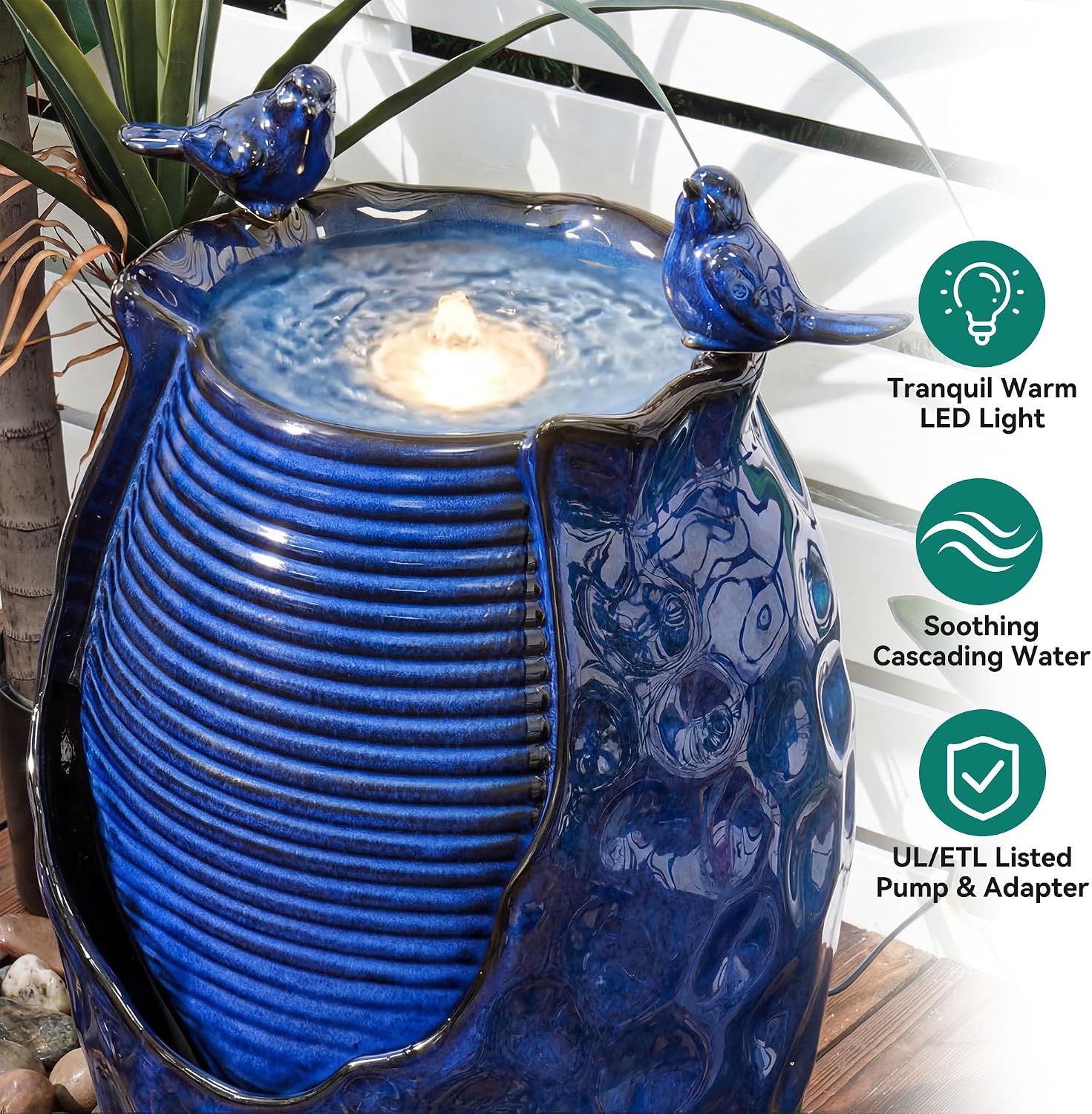 23.5' H Ceramic Jar Outdoor Fountain, Honeycomb Pot Water Feature with LED Lights, Soothing Trickling Waterfall for Garden, Patio, Yard Oasis, KD Vivid Bird Accents, Cobalt Blue Glaze,