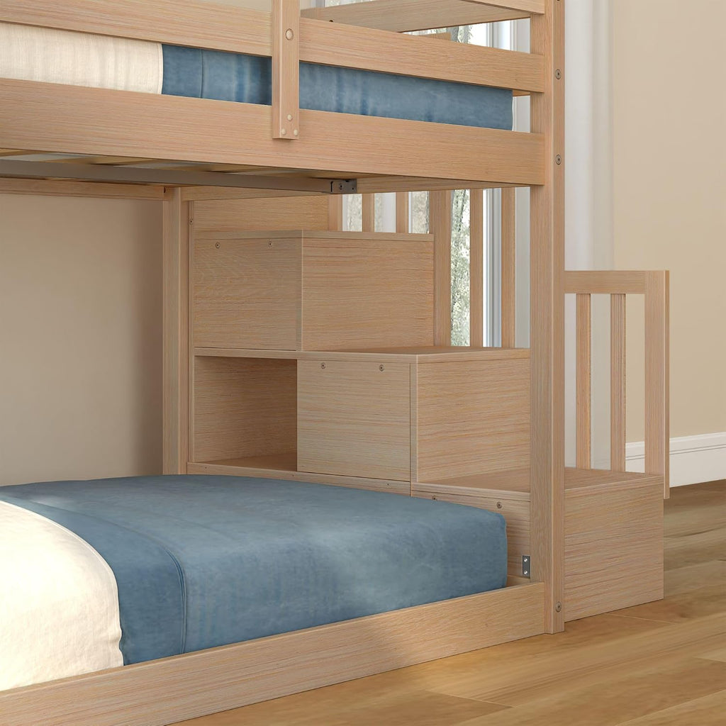 Grain & Grove Bear Twin Over Twin Bunk Bed with Slide and Staircase, Low Bunk Bed Frame for Kids, Bunk with Ladder, Guardrail, and Slats, No Box Spring Required, Oak Embossed Natural