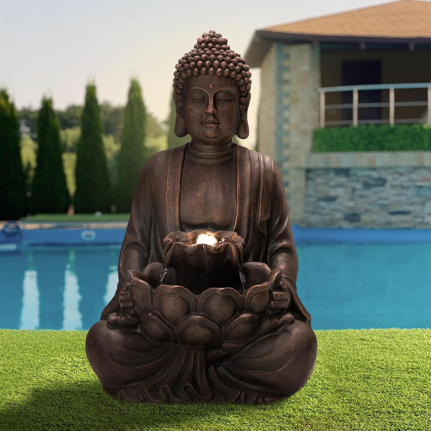 Glitzhome Buddha Fountain with Pump & LED Light, 2 Tier Zen Style Meditating Buddha Water Fountain Outdoor Fountains and Waterfalls Floor Fountains Buddhas Statues for Garden Patio Backyard 23.25' H