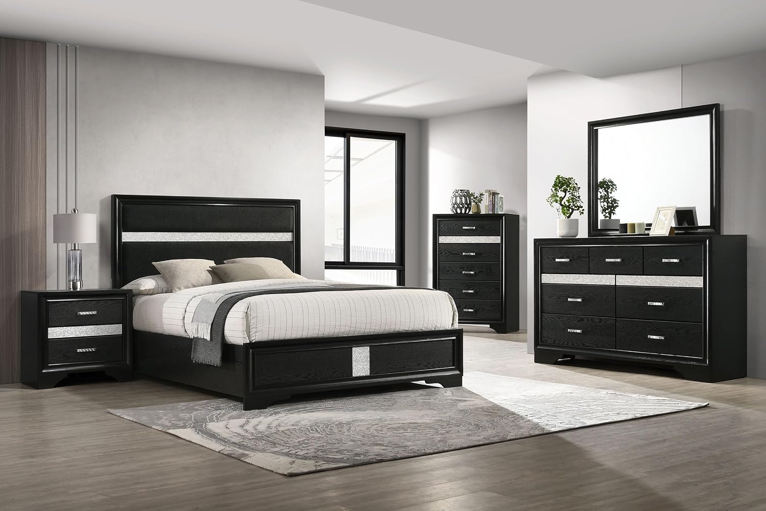Coaster Home Furnishings Miranda Contemporary 5-Piece Bedroom Set Fabric Upholstered Queen Size Panel Bed Frame 54-inch Headboard Black 206360Q-S5