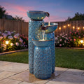 28' H Ceramic Outdoor Water Fountain with LED Lights, 3-Tier Cascading Bowls Water Feature, Tranquil Waterfall for Relaxing Garden, Patio, Yard, or Porch, Turquoise, Embossed Leaf Patterns