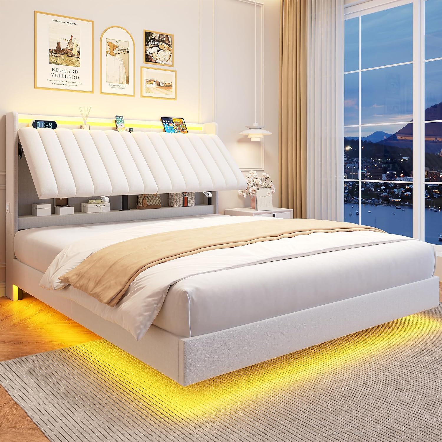 Jocoevol Full Size Floating Bed Frame with Ergonomic Hidden Storage Headboard and LED Lights, Visual Floating LED Bed Frame with Charing Station, Velvet Upholstered Platform Bed, Heavy Duty, White