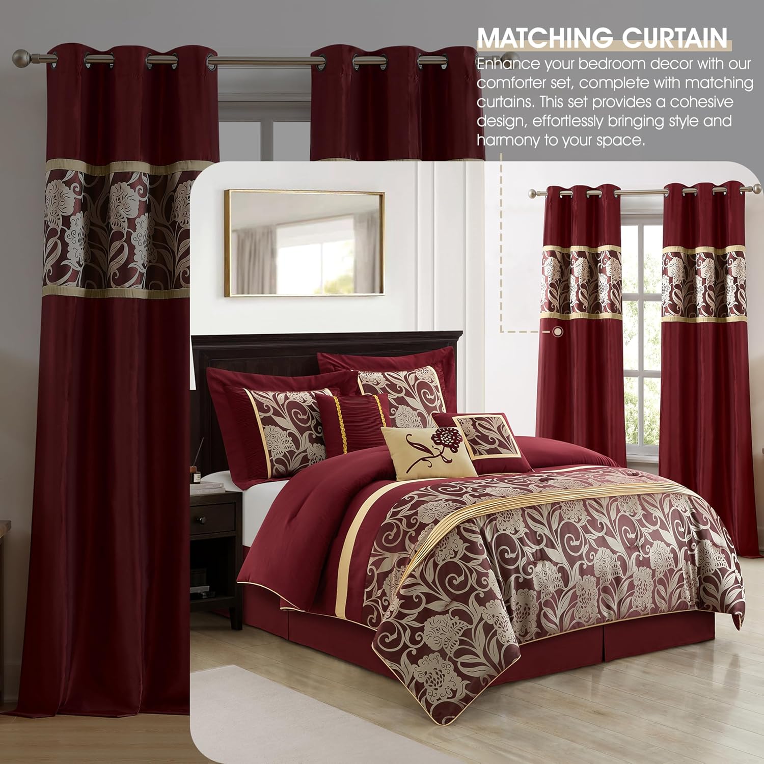 Stratford Park Red and Gold Comforter Set King Size, 9 Piece Jacquard Floral Bedding Set, All Season, Ultra-Soft, Matching Pillows & Shams, Bed Skirt, Curtains