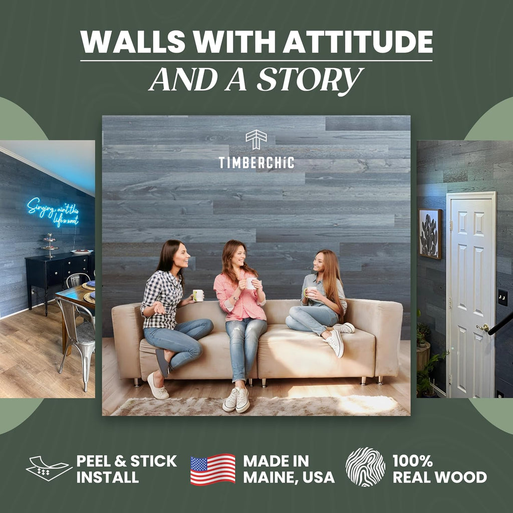 TIMBERCHiC 100% Reclaimed Wood Wall Planks - Made in USA - Peel-and-Stick Panels for Interior Decor - DIY Accent Wall Panels, Fog Lake (3' x 10 Sq Ft)