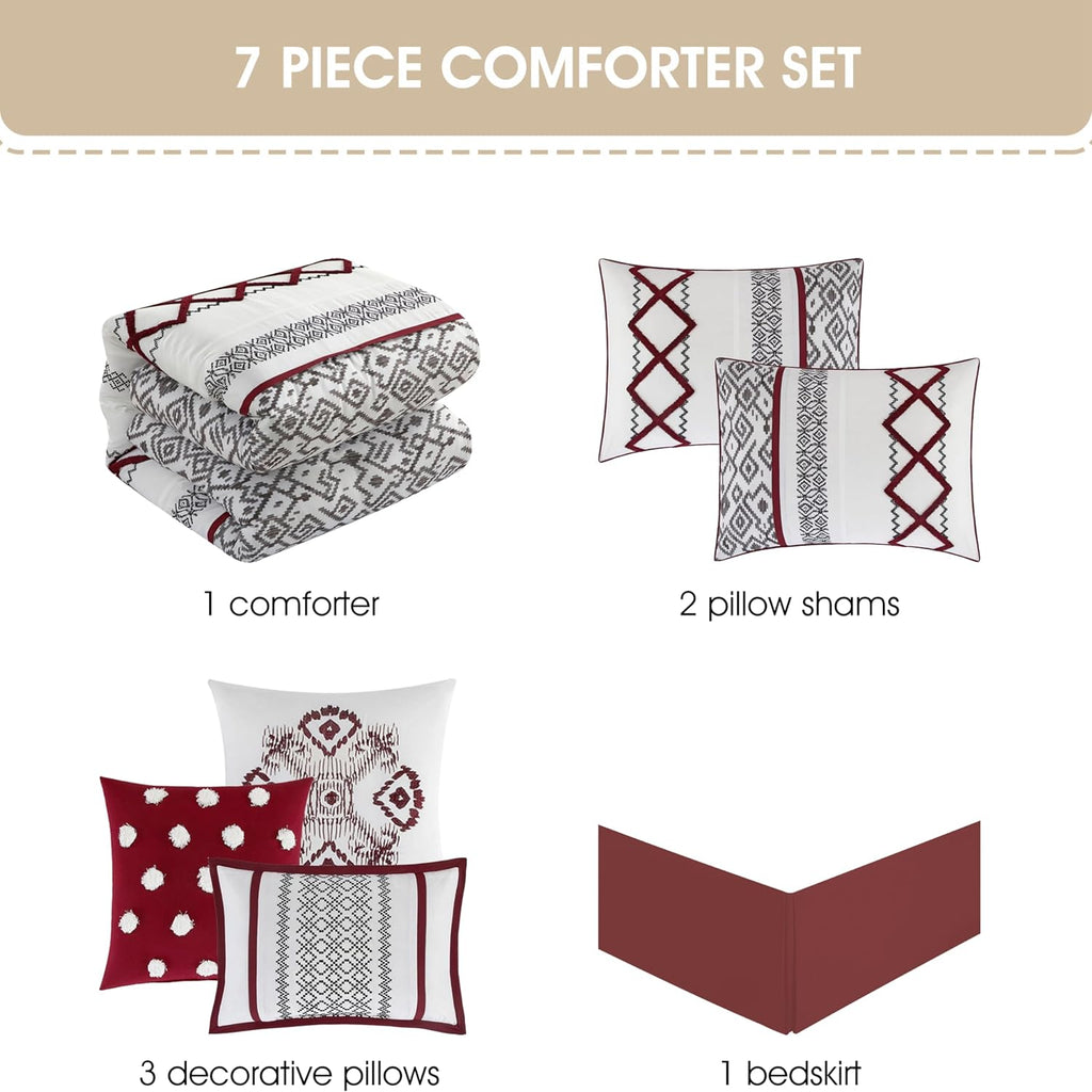 Grand Avenue White Red Comforter Set Queen Size, 7 Piece Terry Embroidery All Season Bedding Set, Bedskirt, Pillows & Shams
