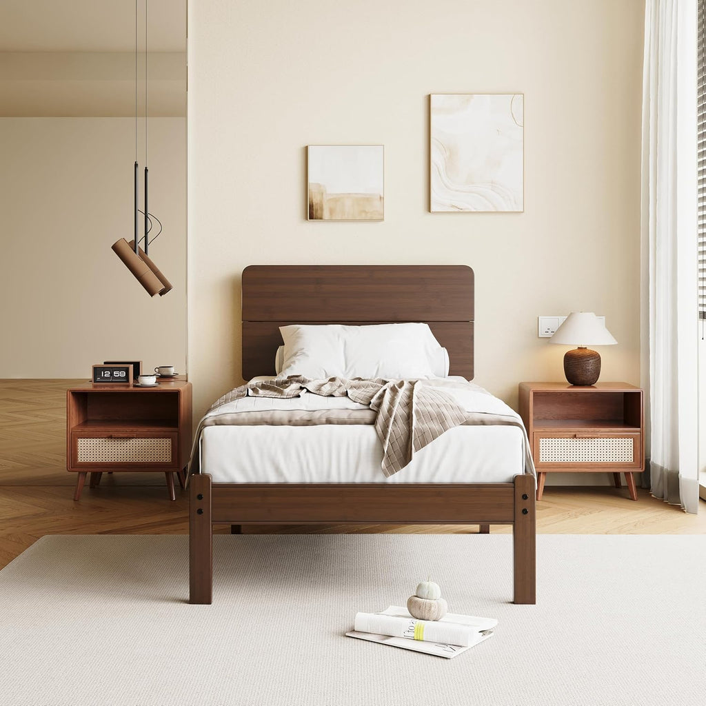14 Inch High Solid Bamboo Wood Twin Bed Frames with Headboard, Heavy Duty Metal Slat Support, Easy Assembly, No Box Spring Needed